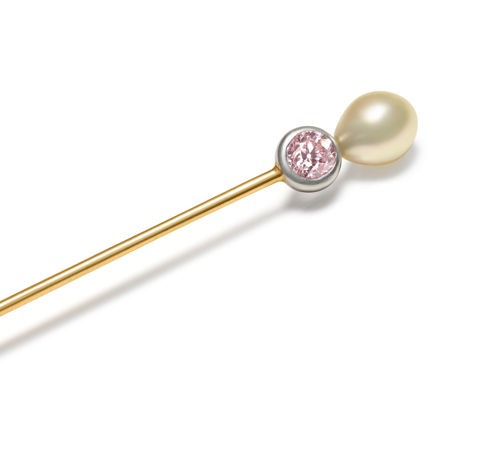 Antique Pink Diamond and Natural Pearl Gold Stick Pin