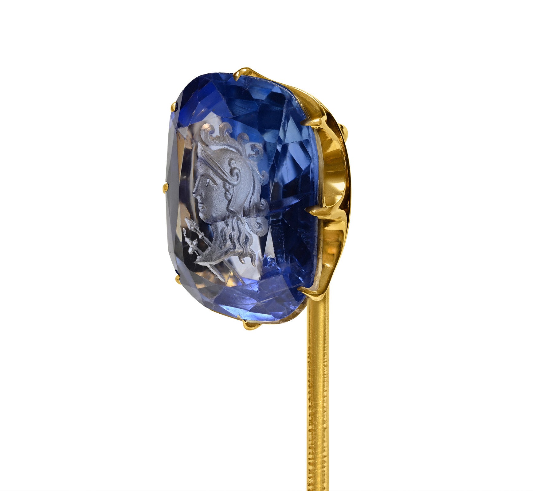 Antique Rare Gold Kashmir Sapphire Carved Intaglio Pin, 5.20 Carats, AGL