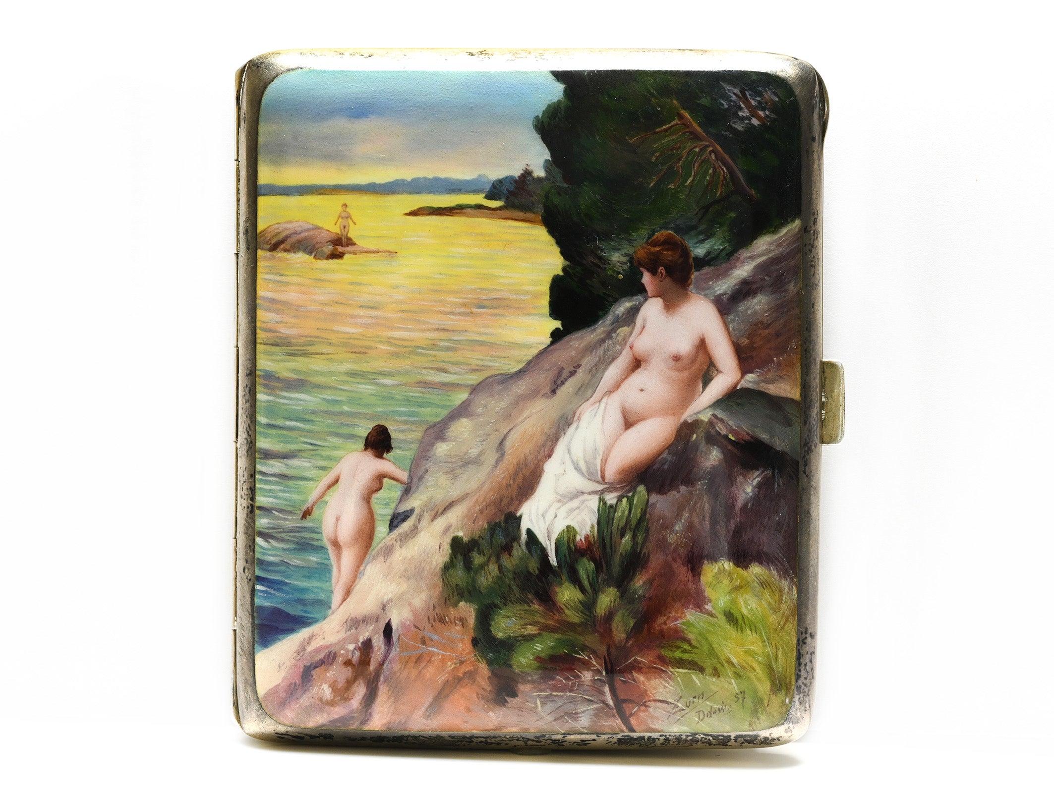 Antique Silver Enamel Nude Case – Seaside Bathers, Early 20th Century