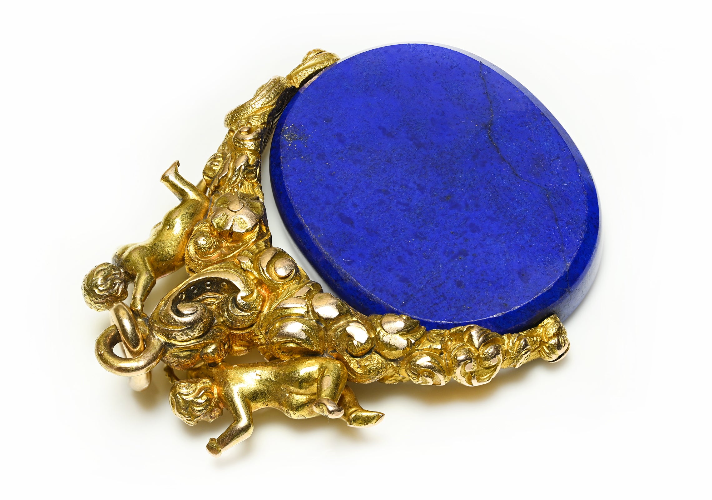 Antique Victorian Gold Fully Carved Fob with Cherubs & Lapis