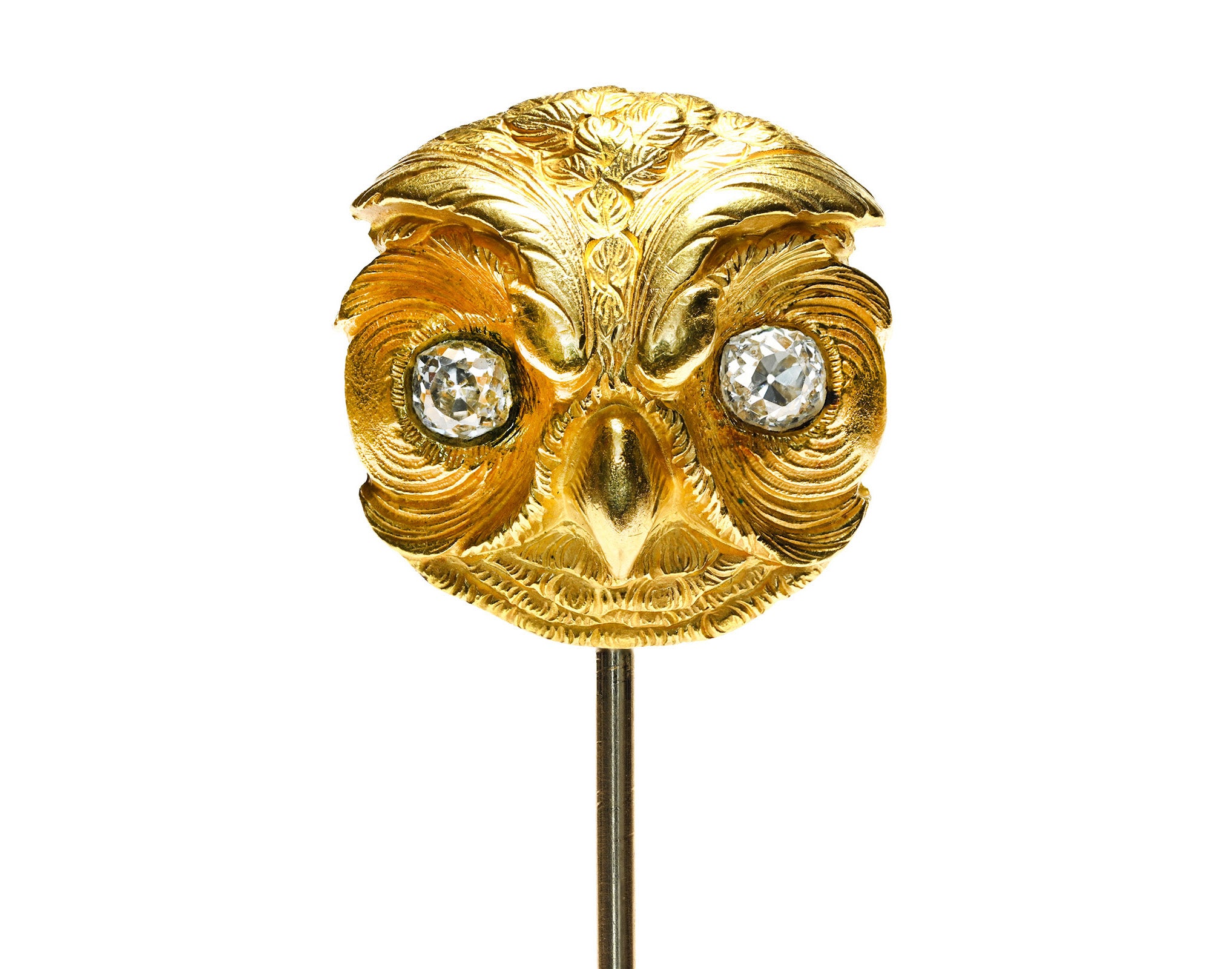 Antique Victorian Gold Owl Stick Pin Old Mine-Cut Diamond Eyes