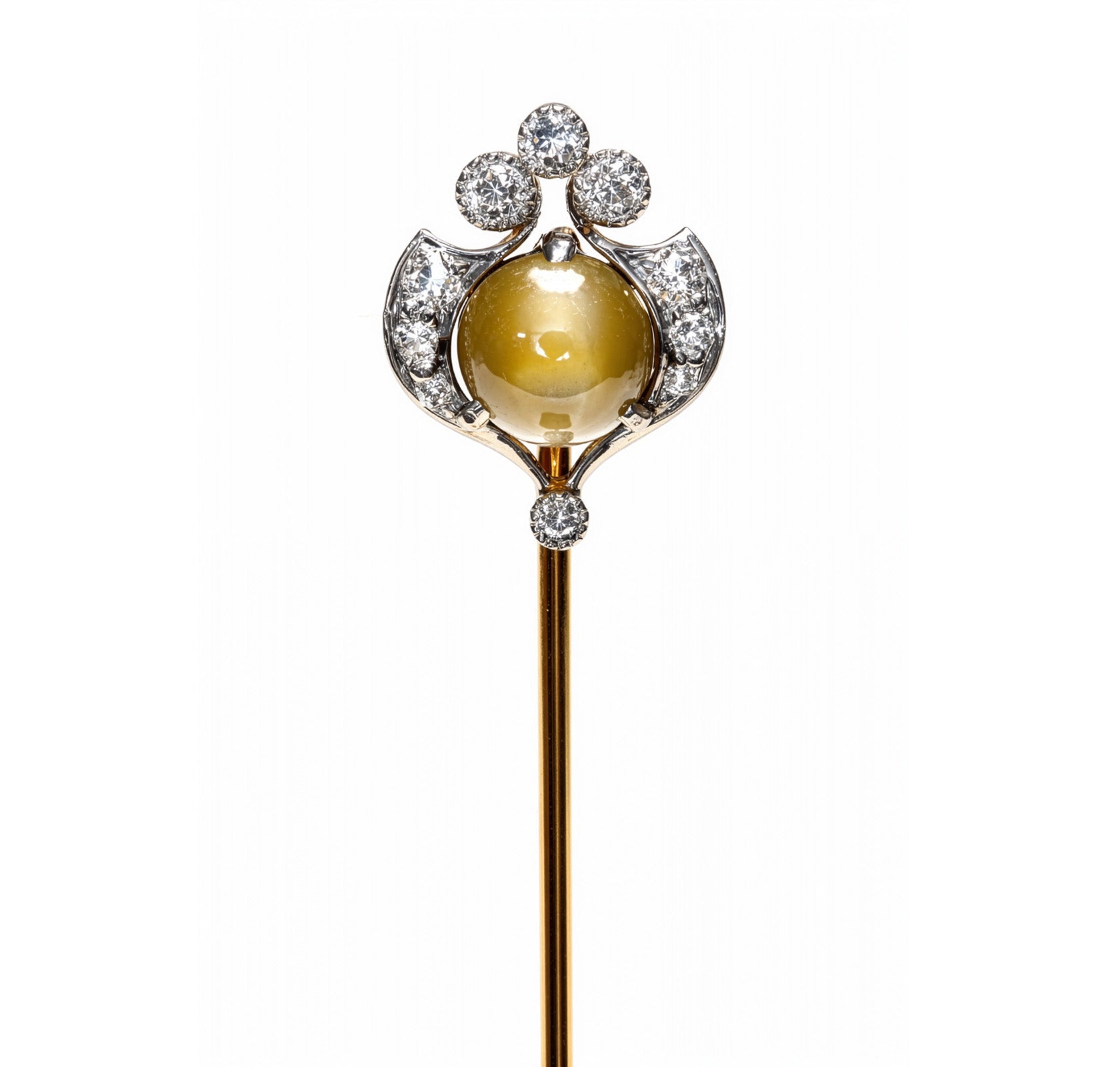 Antique Edwardian Cat’s Eye Cabochon Diamond Stick Pin in Platinum and Gold
