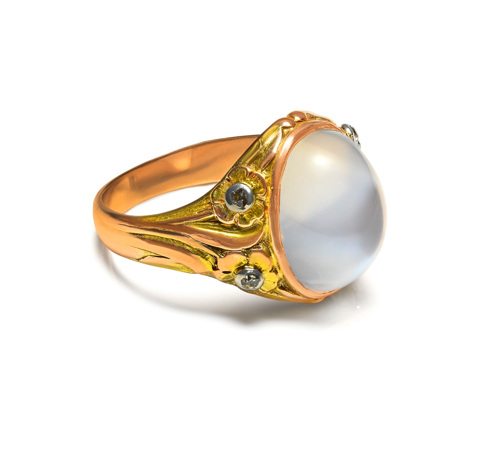 Art Nouveau Moonstone and Diamond Floral Gold Ring