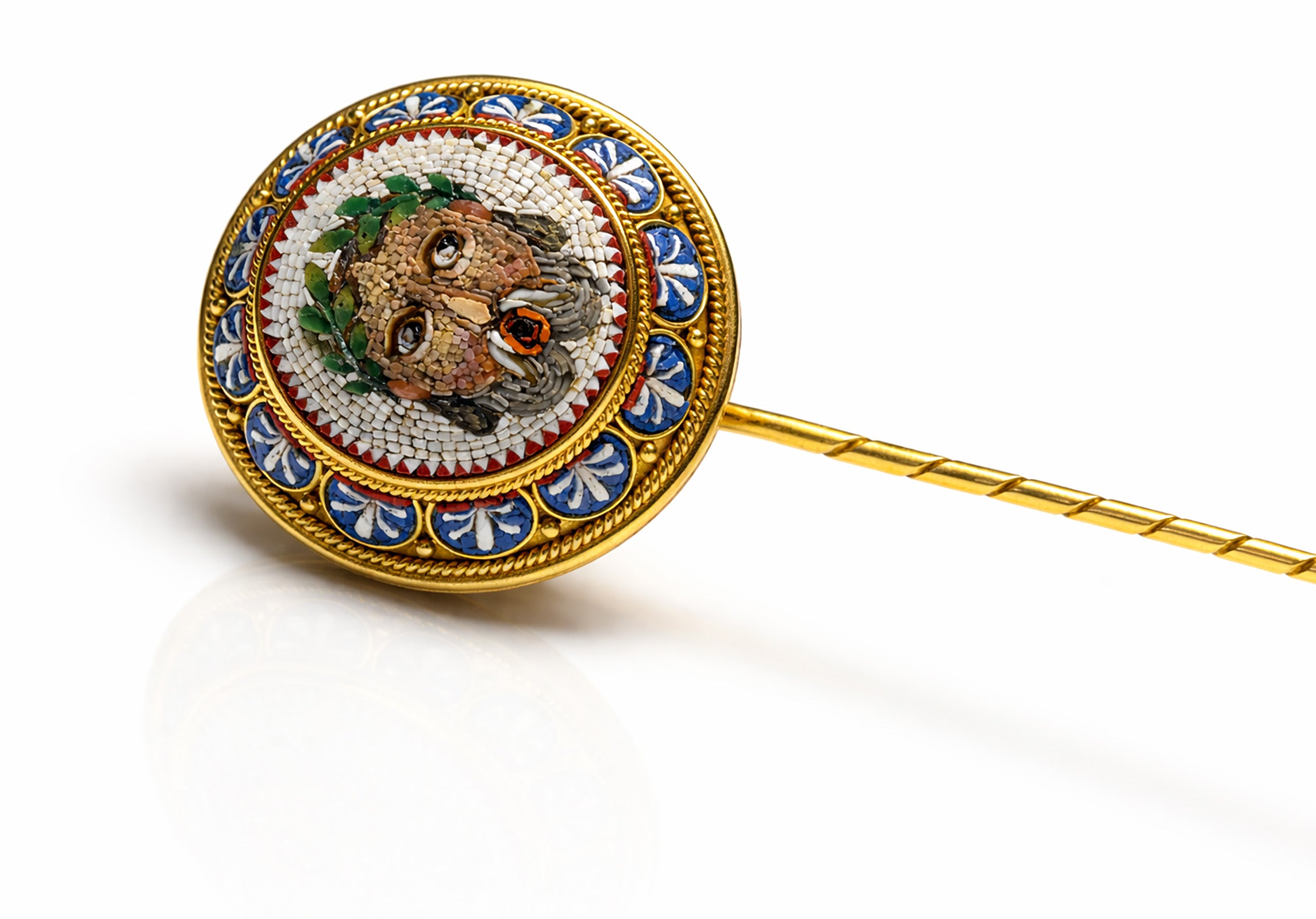 Antique Gold Micro-Mosaic Stickpin – Greco-Roman Laurel Portrait