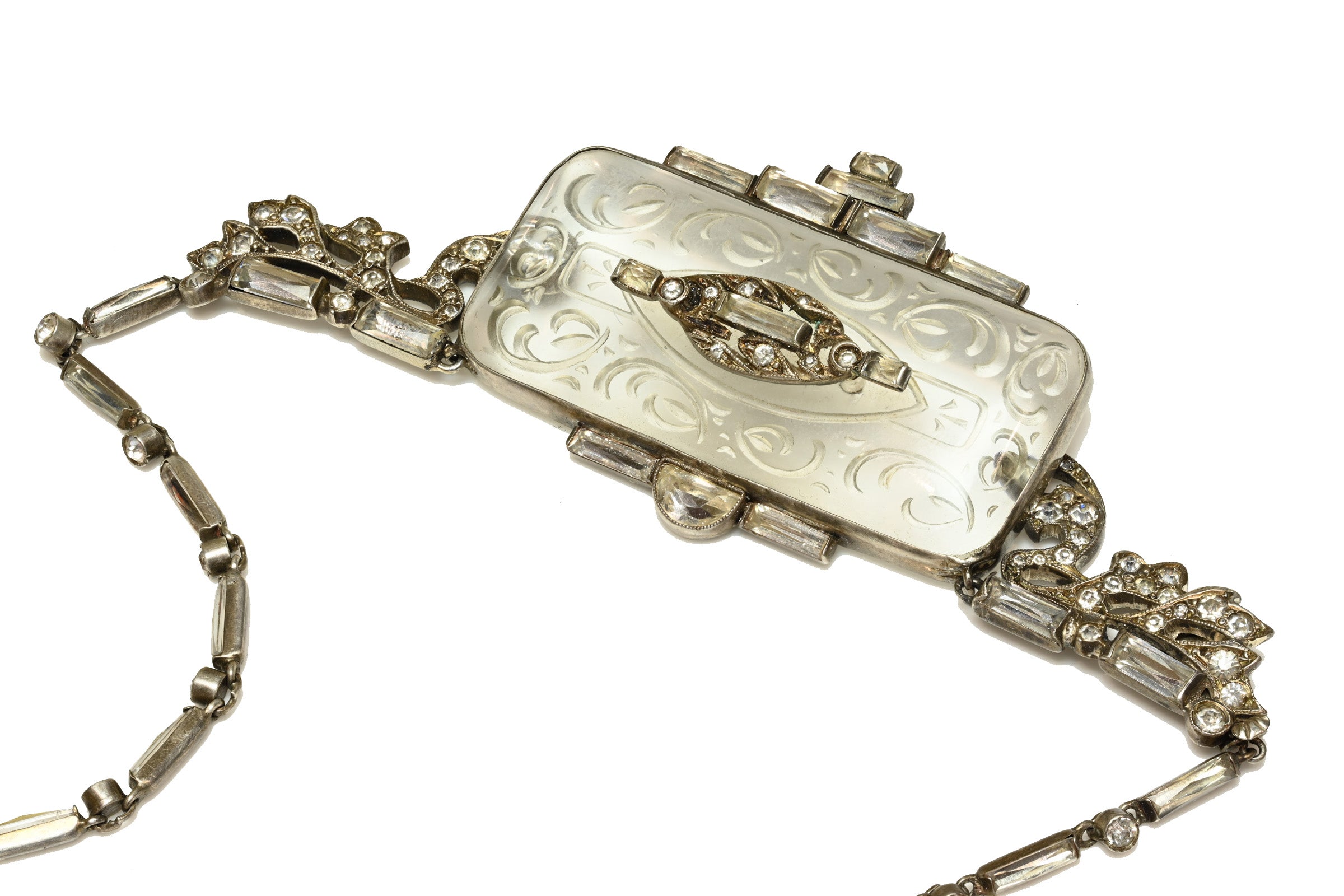 Art Deco 1920's Sterling Silver Paste Carved Crystal Necklace