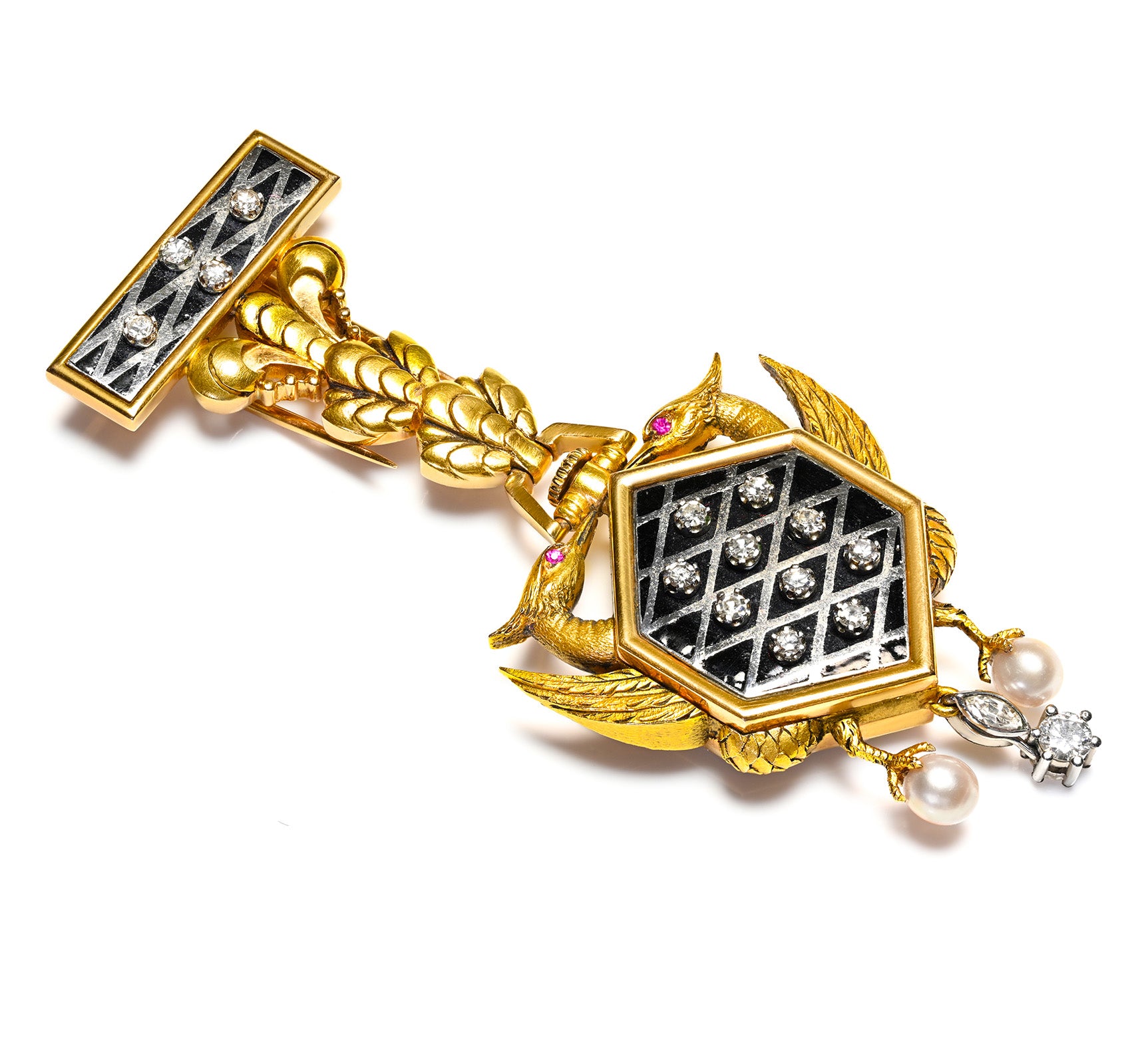 Art Nouveau 18K Gold Diamond Enamel and Pearl Pendant Lapel Bird