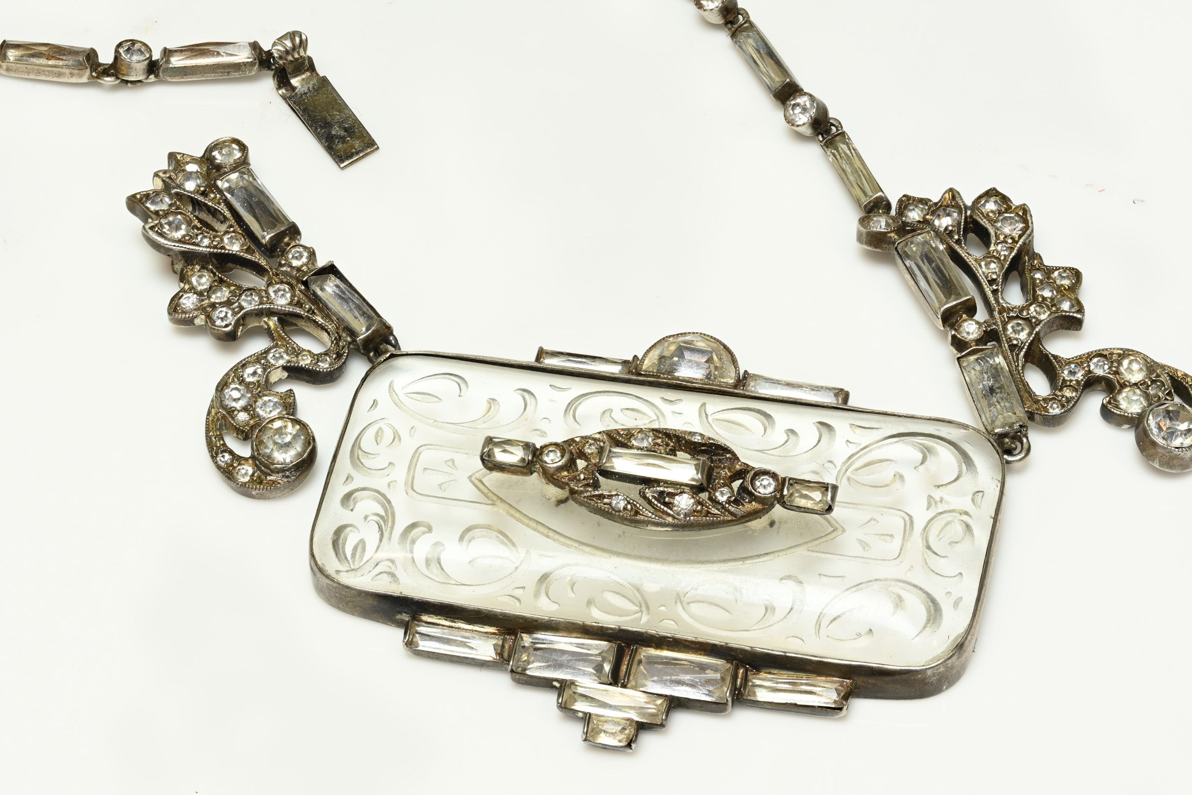 Art Deco 1920's Sterling Silver Paste Carved Crystal Necklace 2