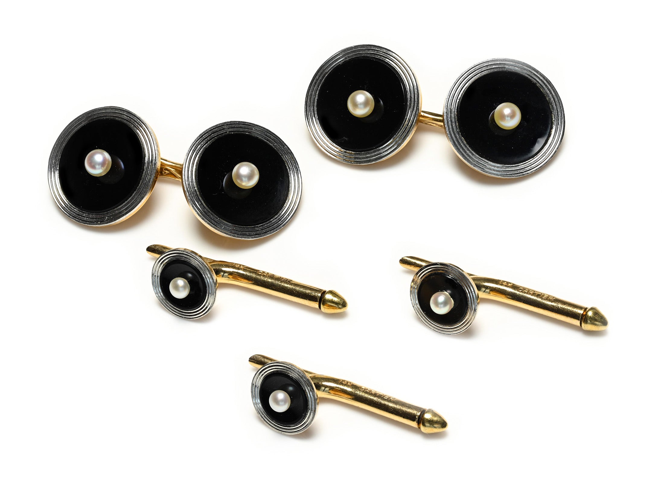 Cartier Onyx Pearl Platinum and Gold Cufflink and Stud Set