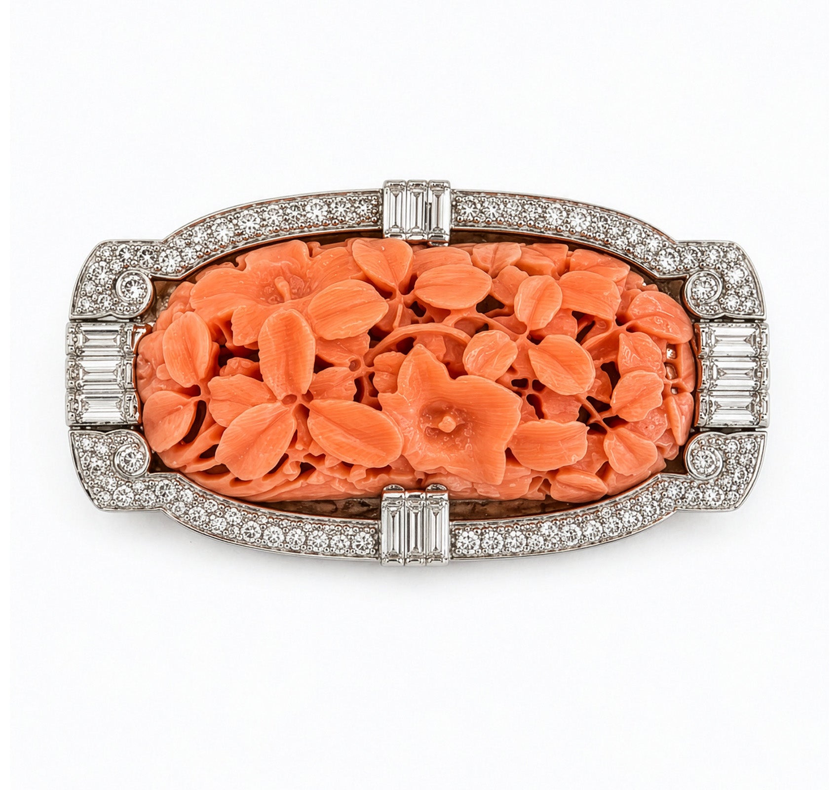 Art Deco Carved Coral Diamond Brooch