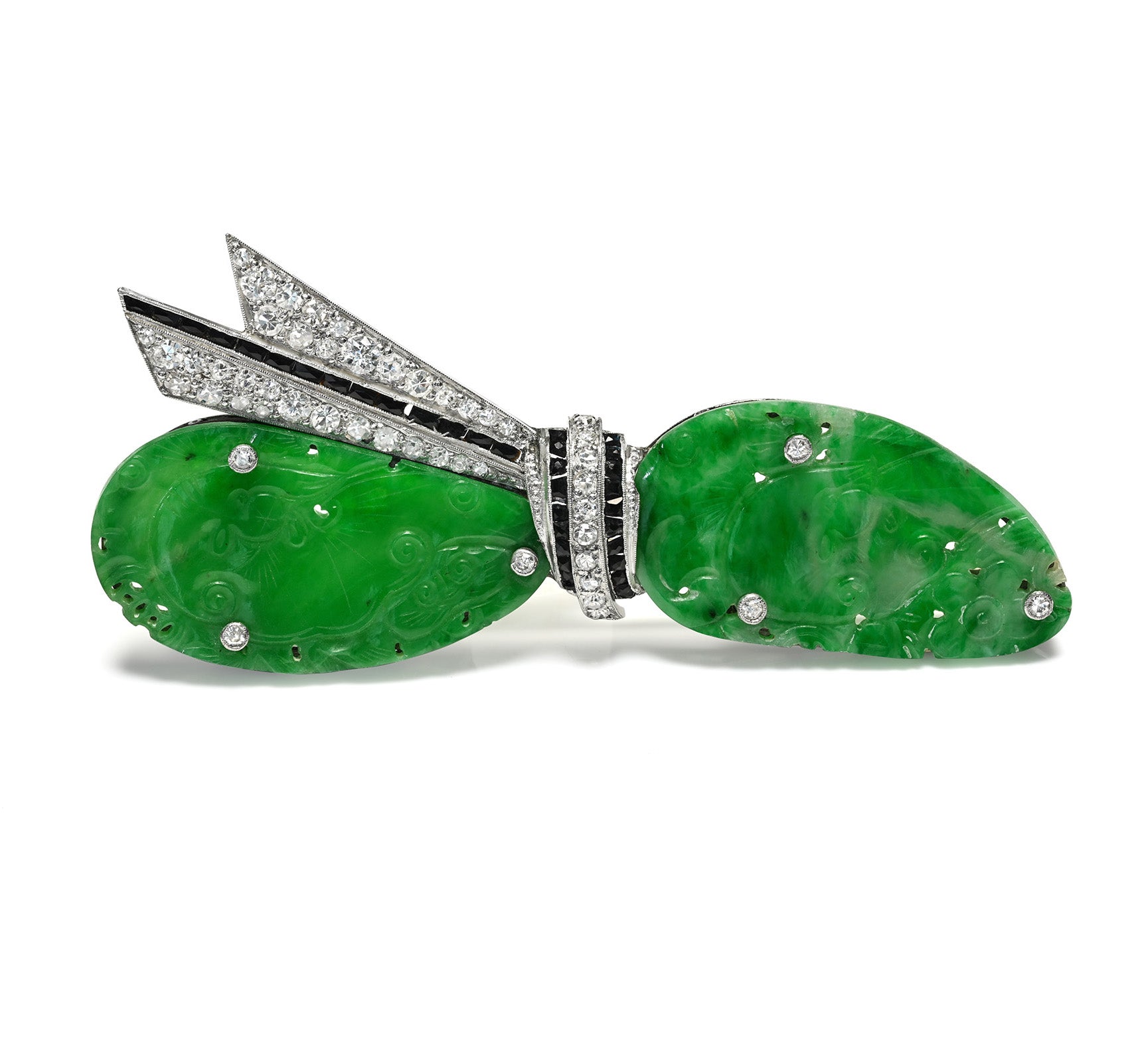 Art Deco Jade, Diamond, Onyx Platinum Brooch