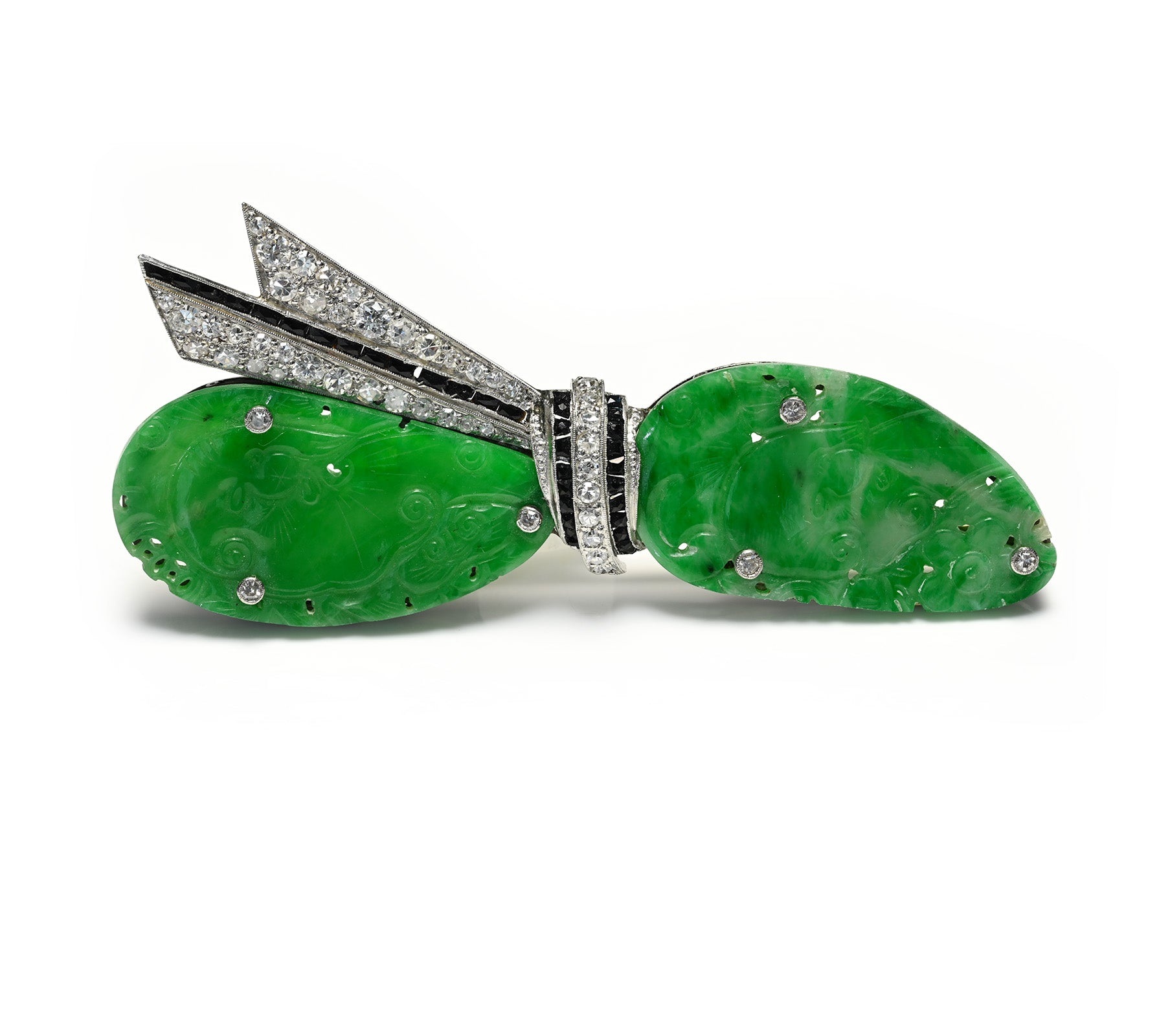 Art Deco Carved Jade, Diamond, Onyx Platinum Bow Brooch
