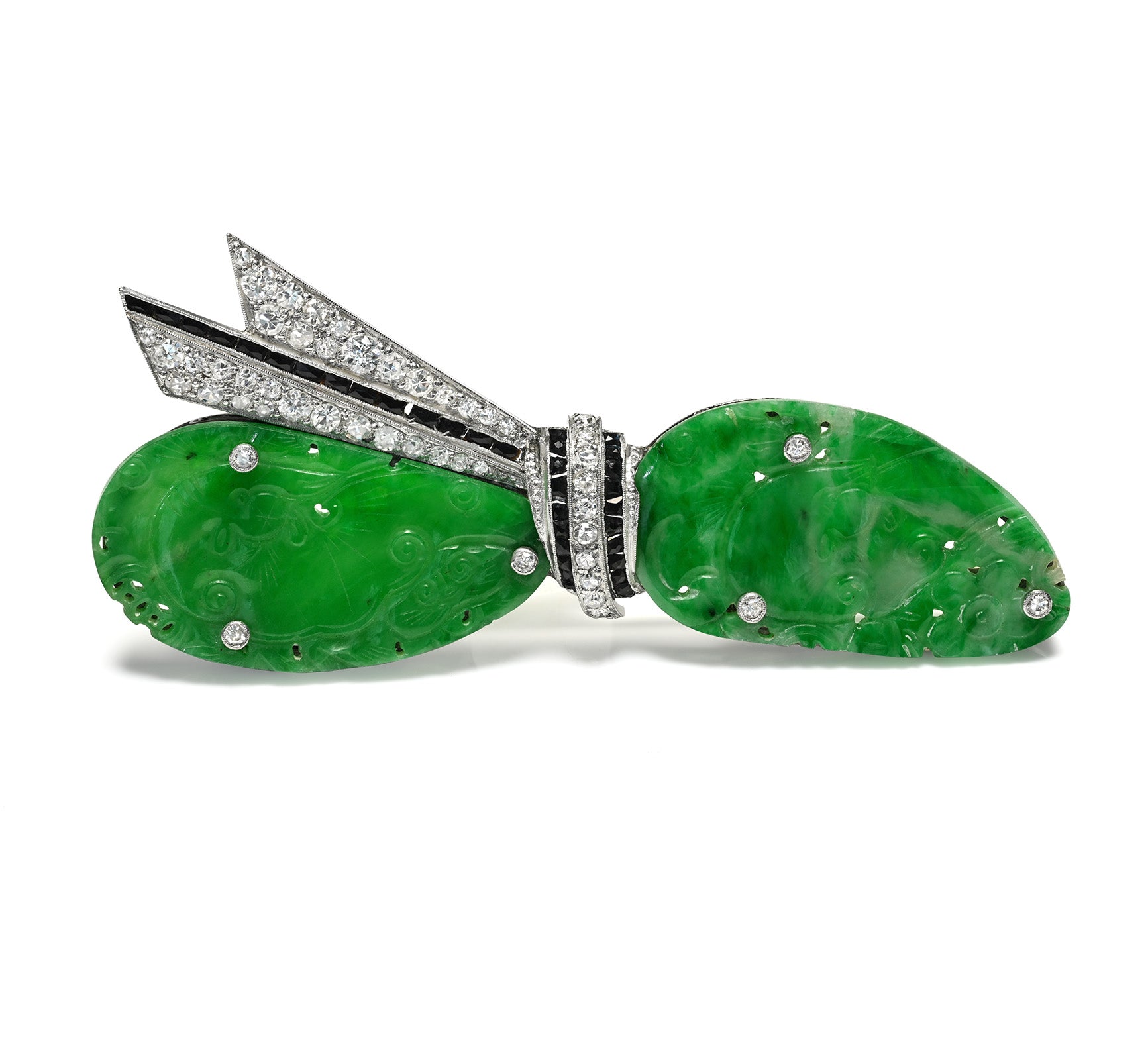 Art Deco Carved Jade, Diamond, Onyx and Platinum Stylized Bow Brooch