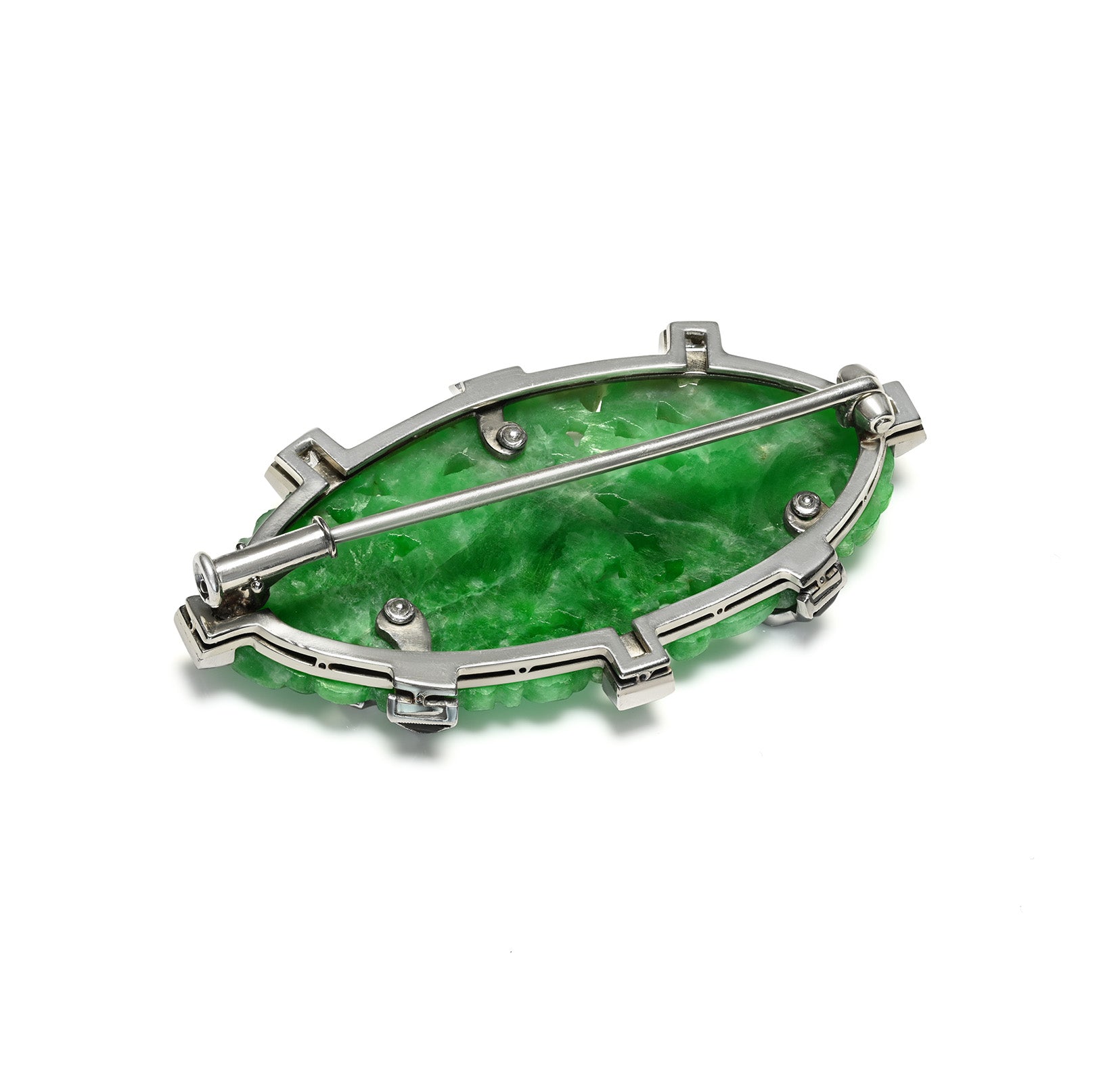 Art Deco Carved Jade, Diamond, Sapphire and Platinum Brooch