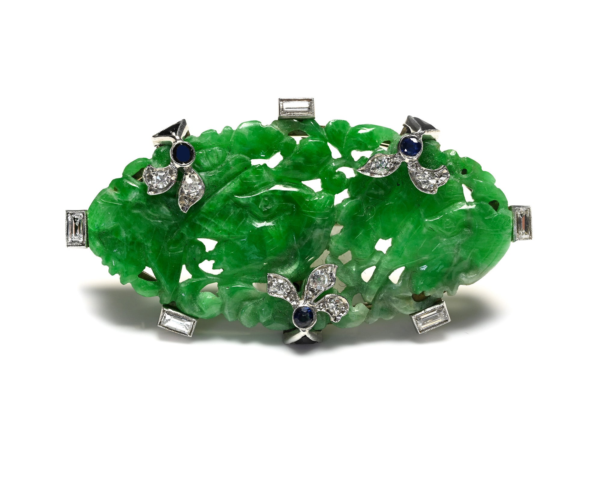 Art Deco Carved Jade, Diamond, Sapphire and Platinum Brooch