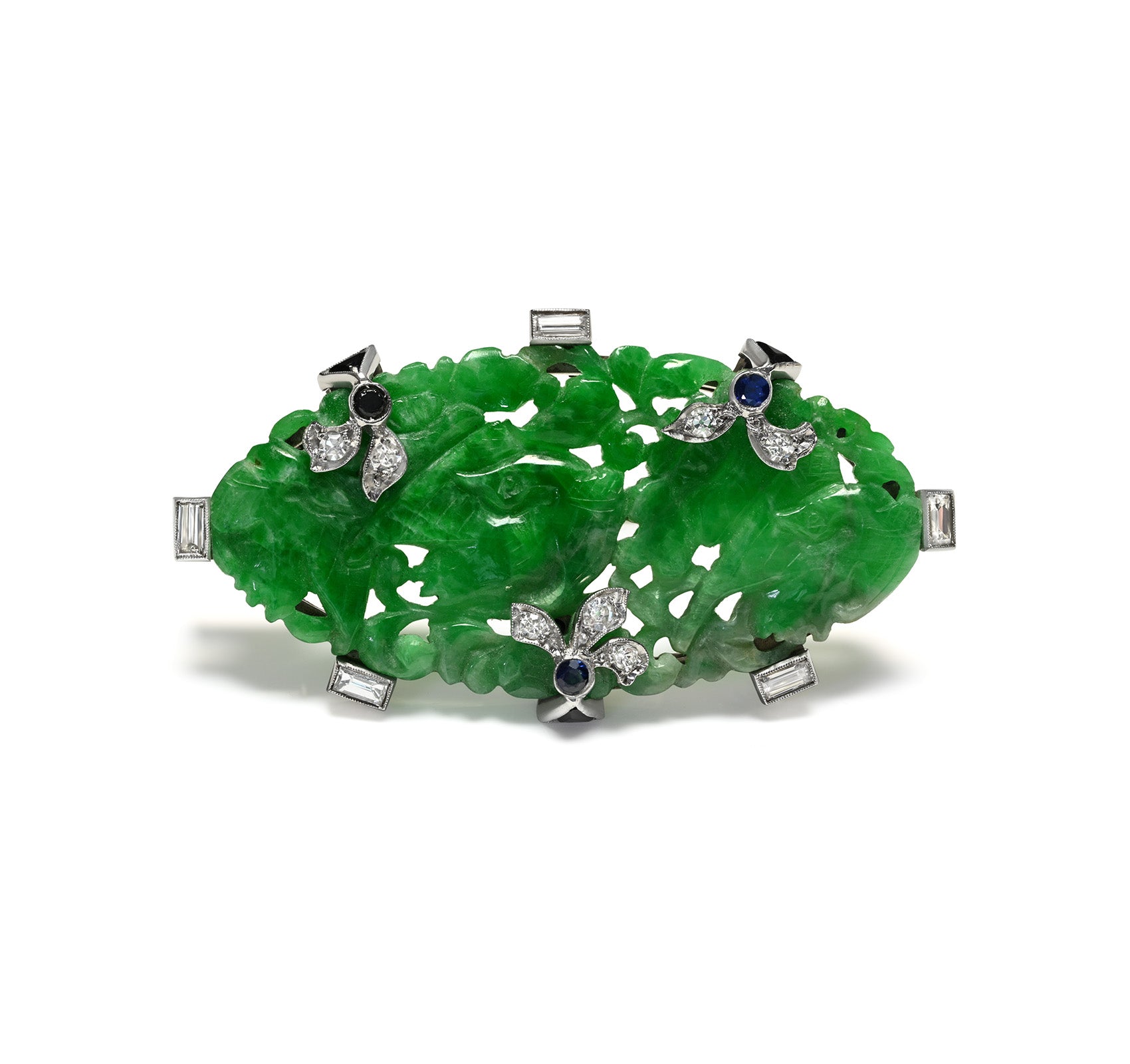 Art Deco Jade Diamond Sapphire Brooch