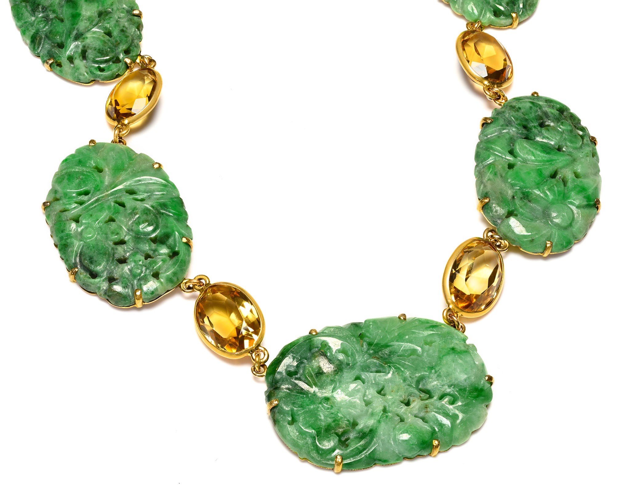 Art Deco Carved Jade Citrine Necklace Gold