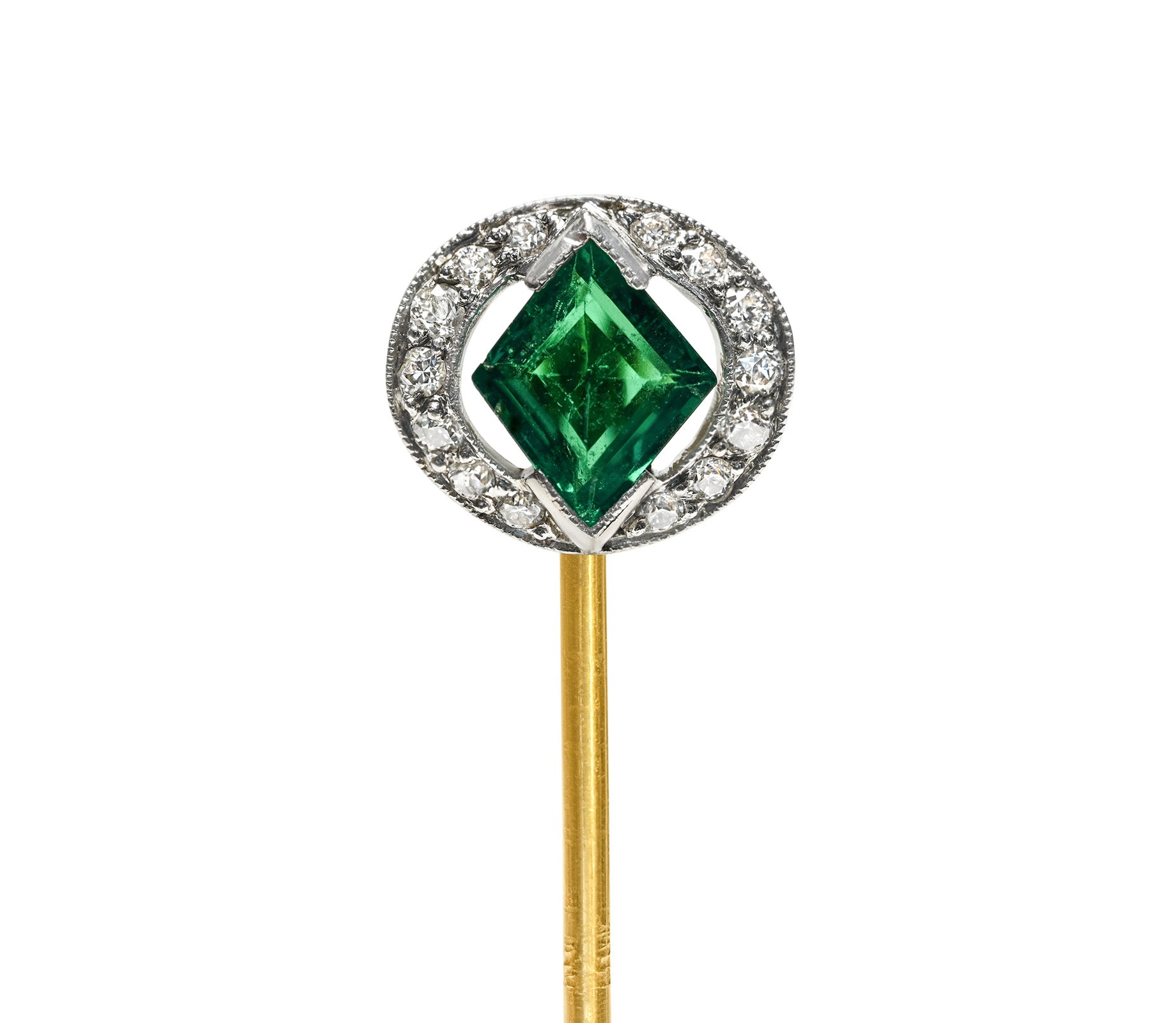 Colombian Emerald Gold Platinum Diamond Stick Pin
