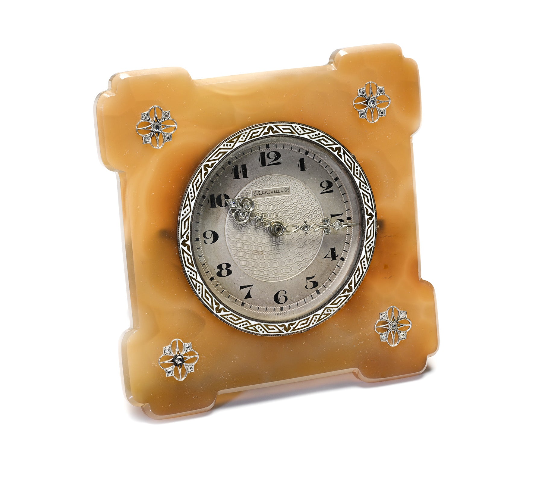 Art Deco J.E. Caldwell Agate and Diamond Desk Clock