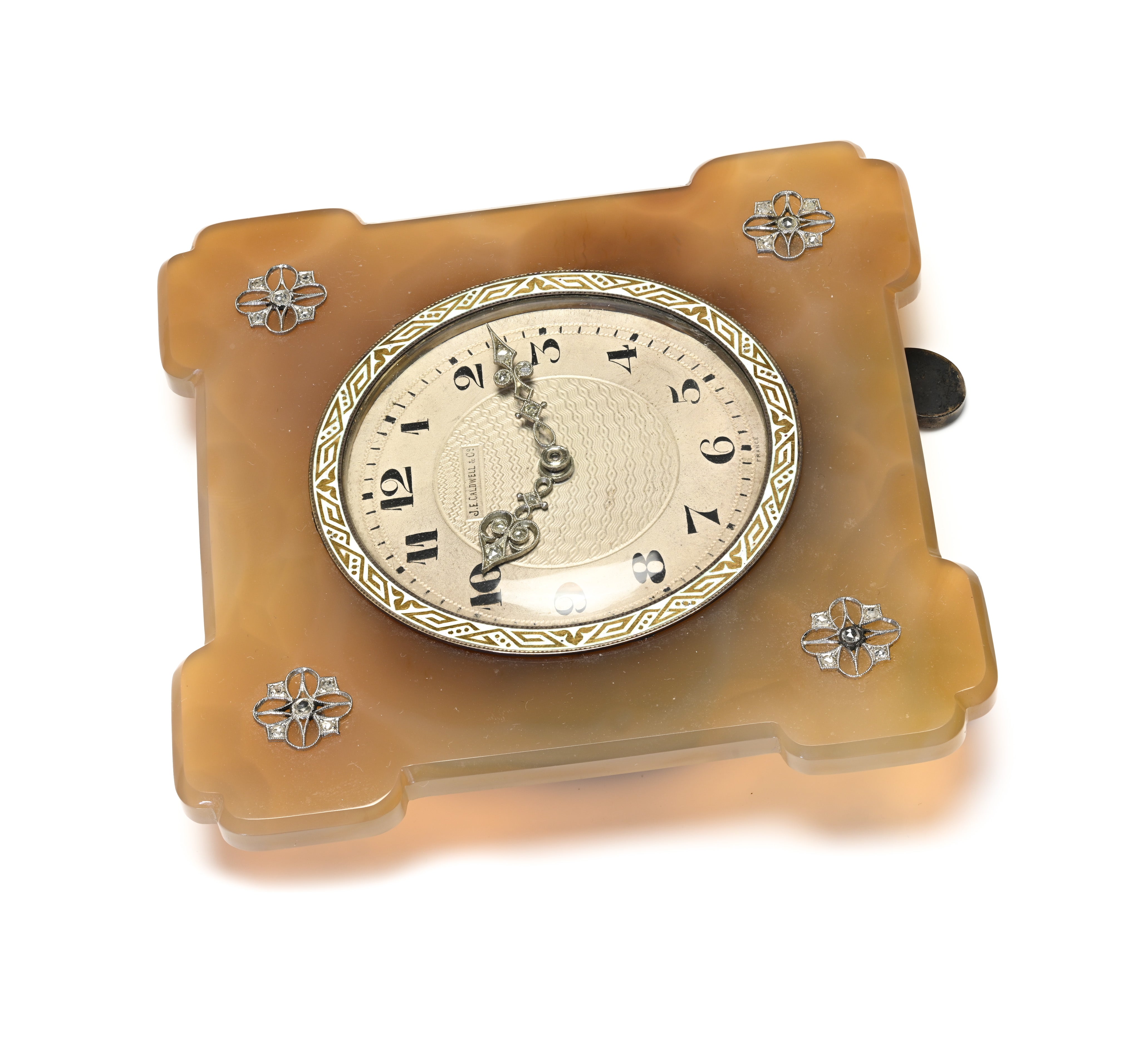 Art Deco J.E. Caldwell Agate and Diamond Enamel Desk Clock