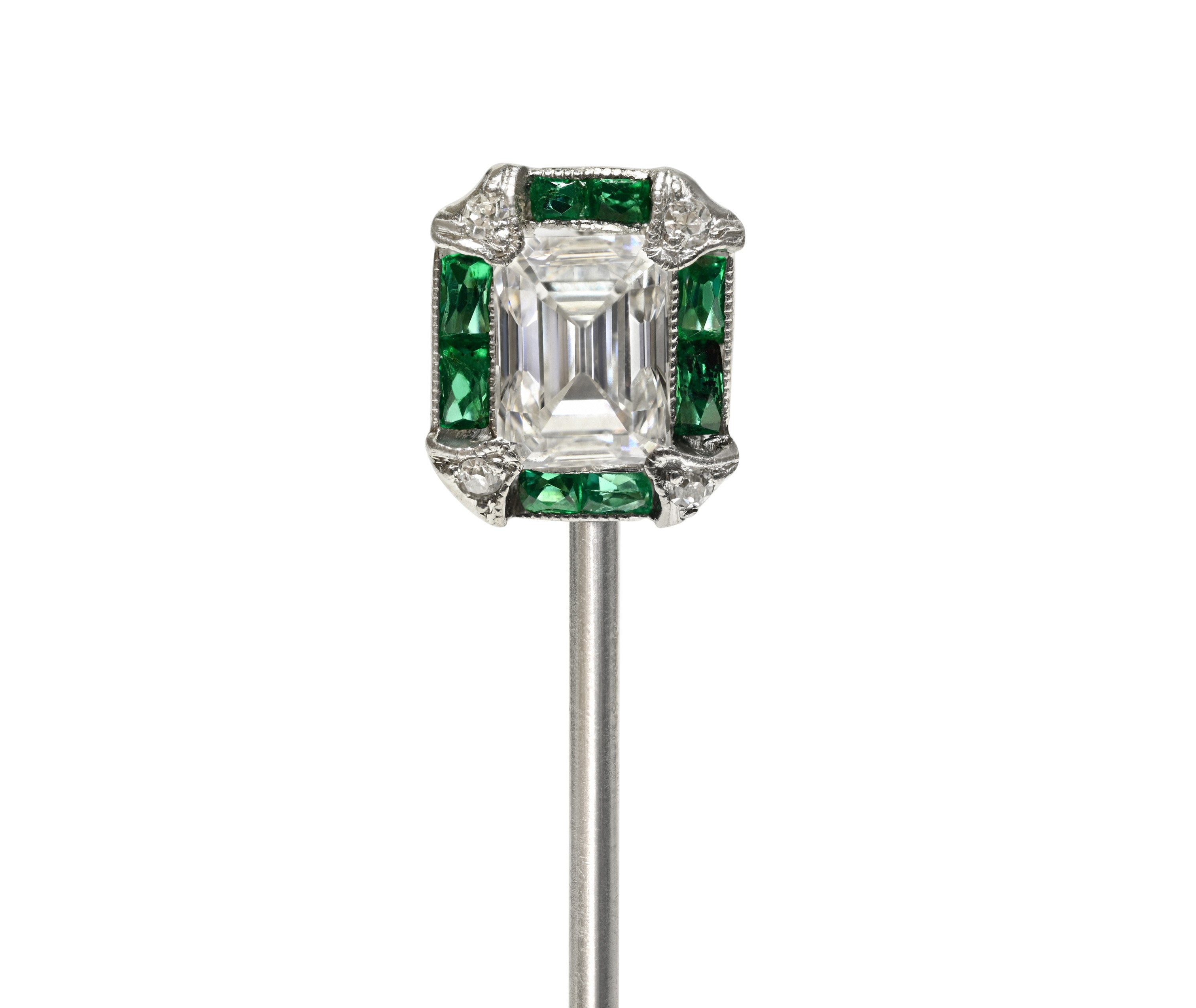 Art Deco Platinum Emerald cut Diamond and Emerald Stick Pin