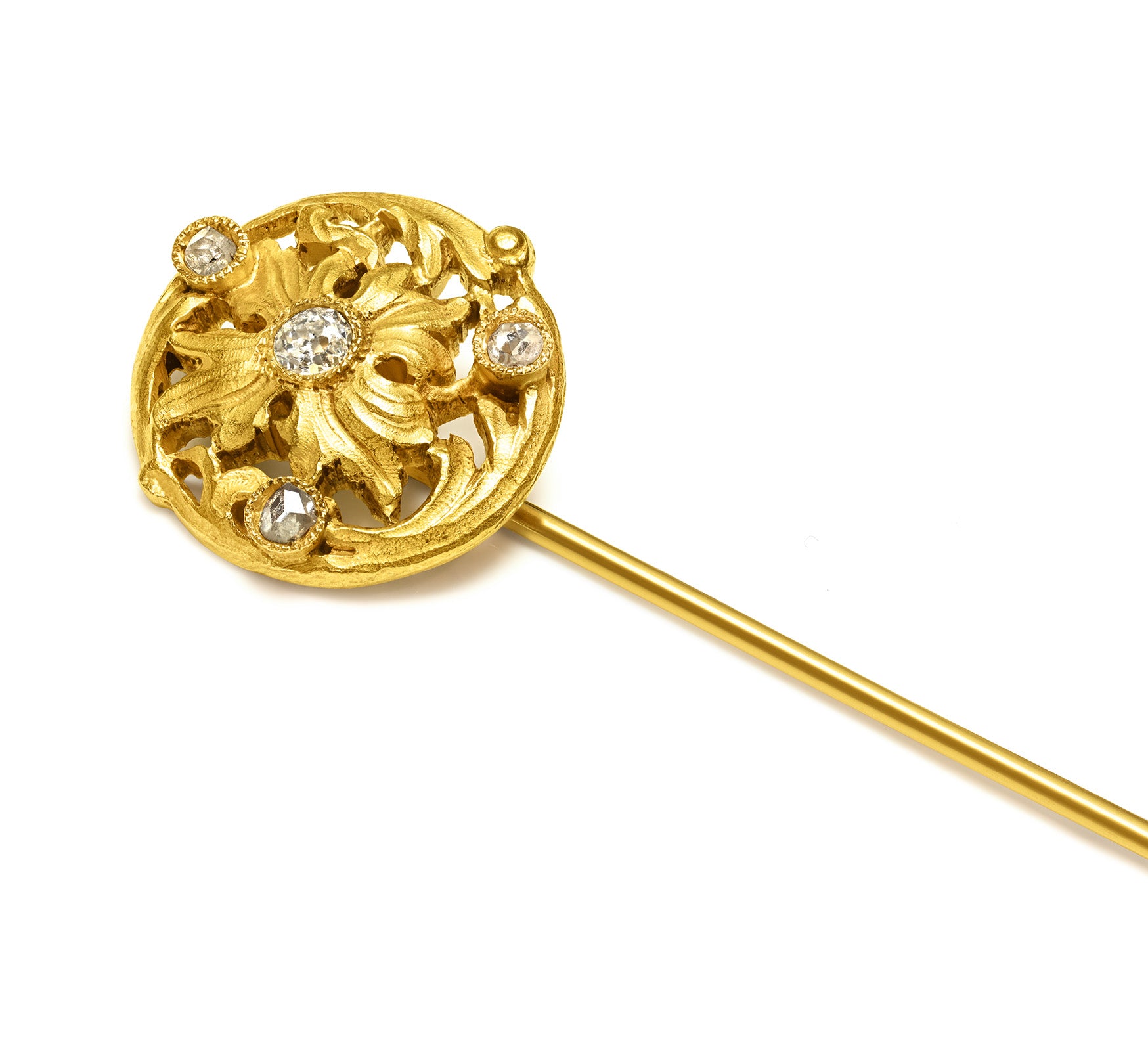 Art Nouveau 18K Gold Rose Diamond Stick Pin