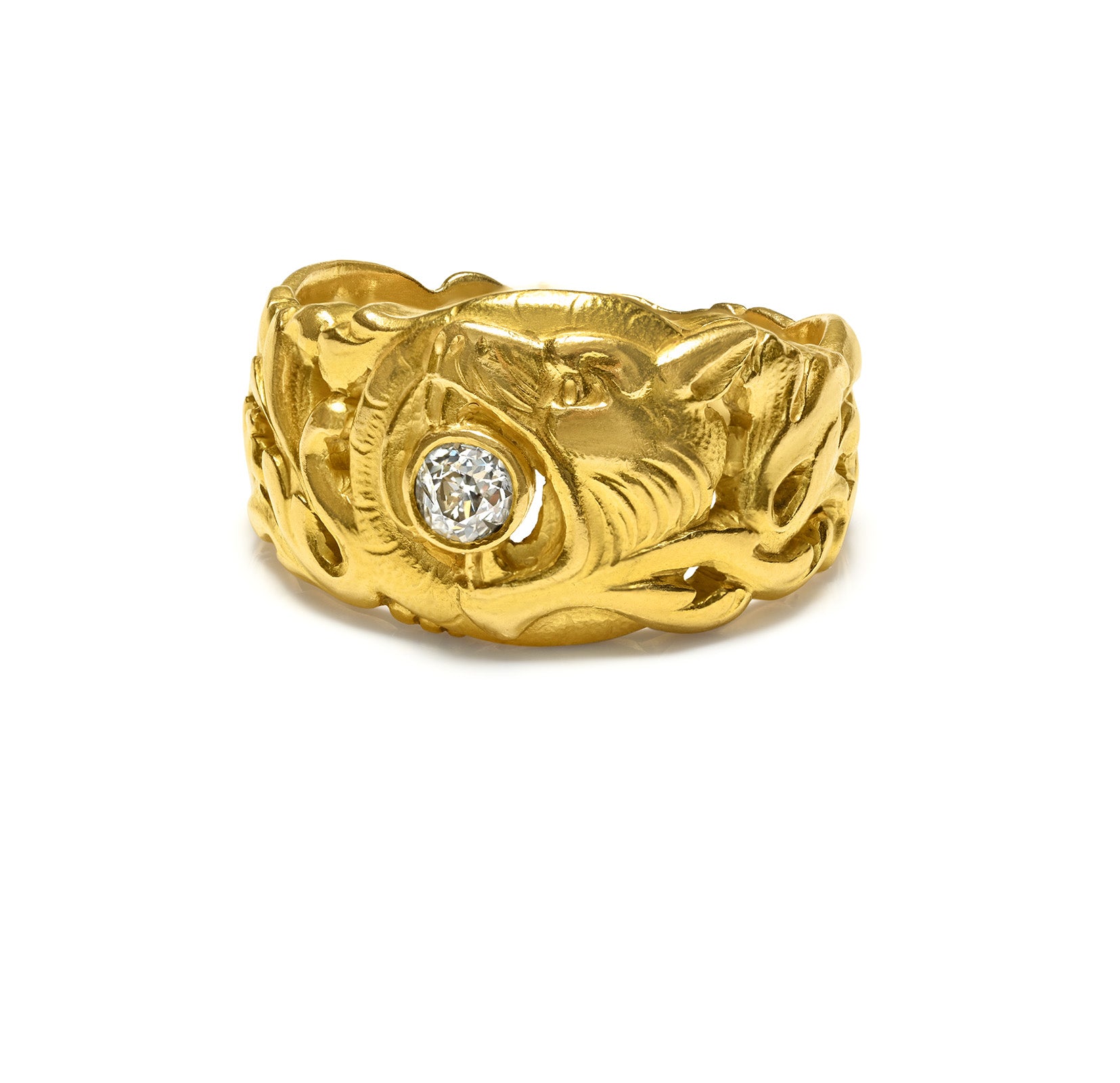 Art Nouveau 18K Yellow Gold Old Mine Diamond Griffin Ring Men's