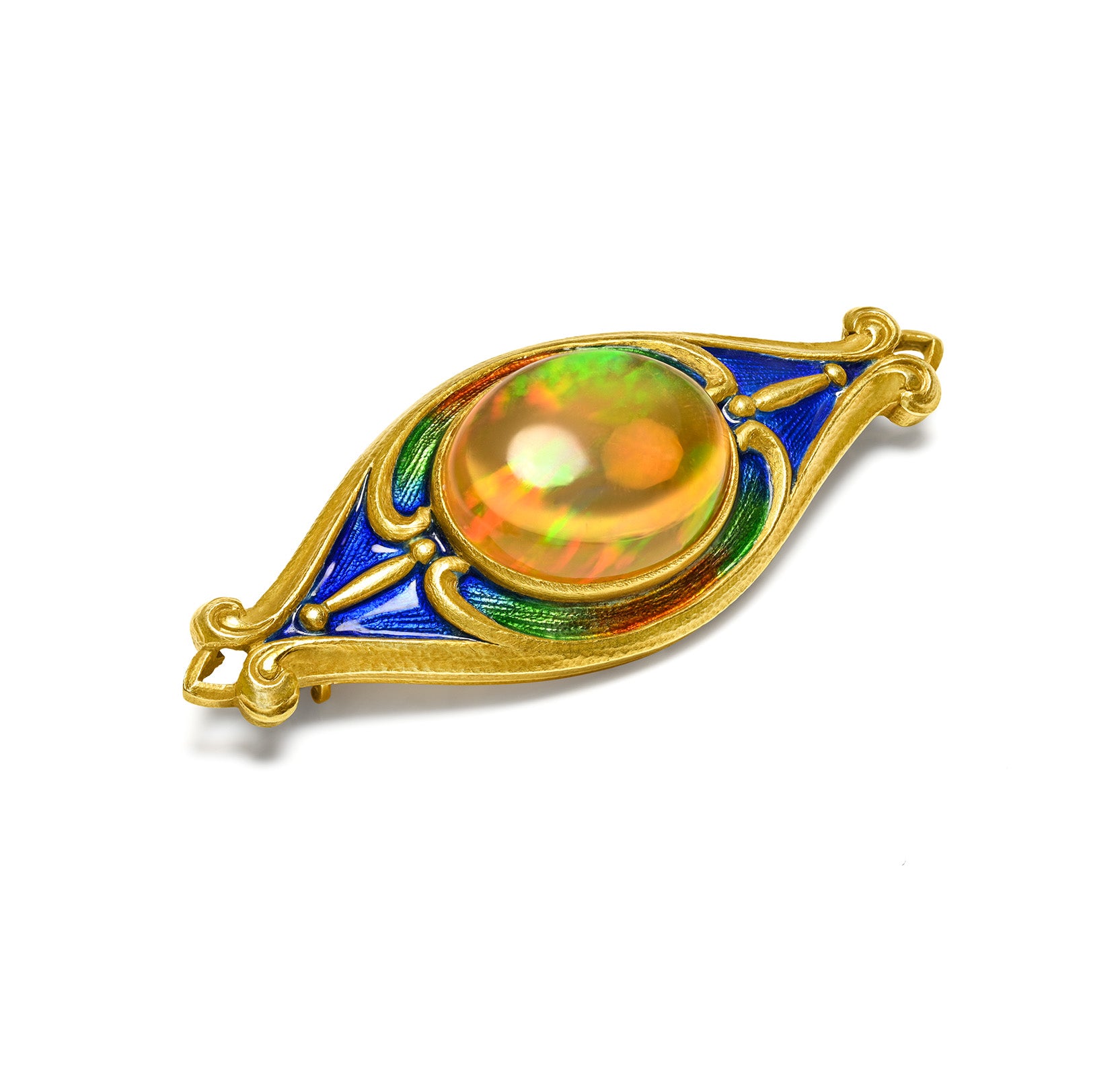 Art Nouveau by Marcus & Co. Fire Opal and Enamel Gold Brooch