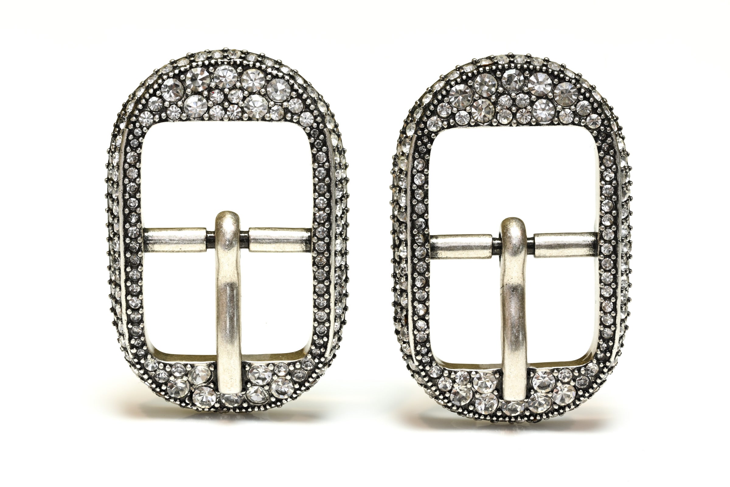 Balenciaga Paris Silver Tone Crystal Buckle Earrings