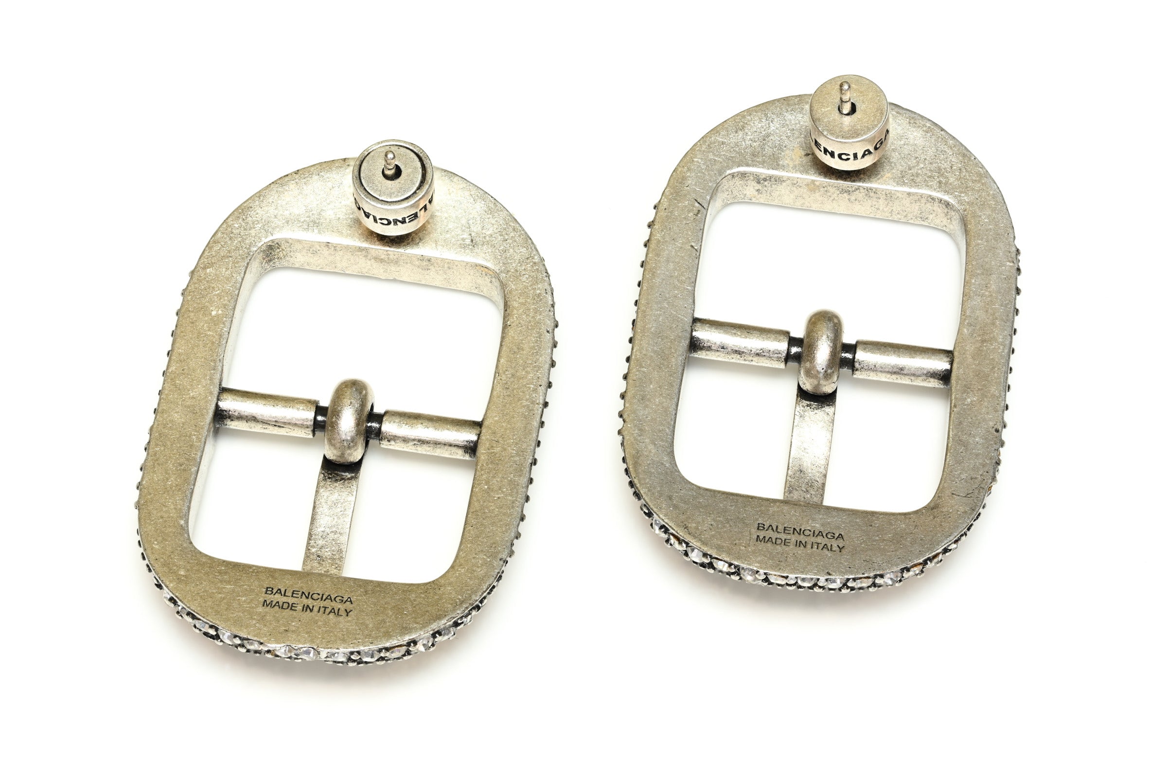 Balenciaga Paris Silver Tone Crystal Buckle Earrings 3
