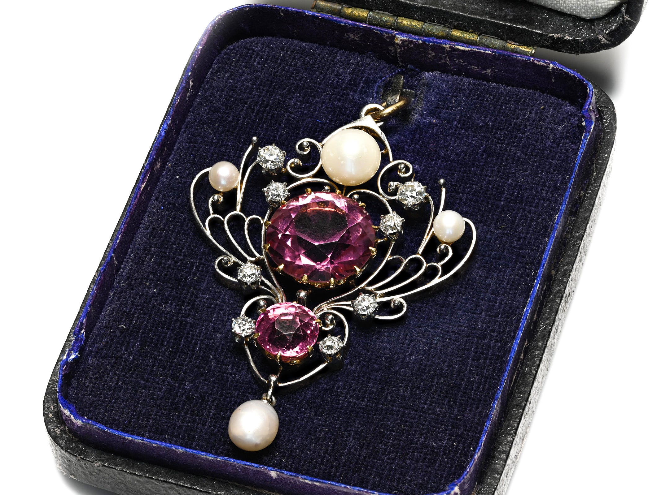 Belle Époque Pink Tourmaline Diamond and Pearl Gold Pendant Box