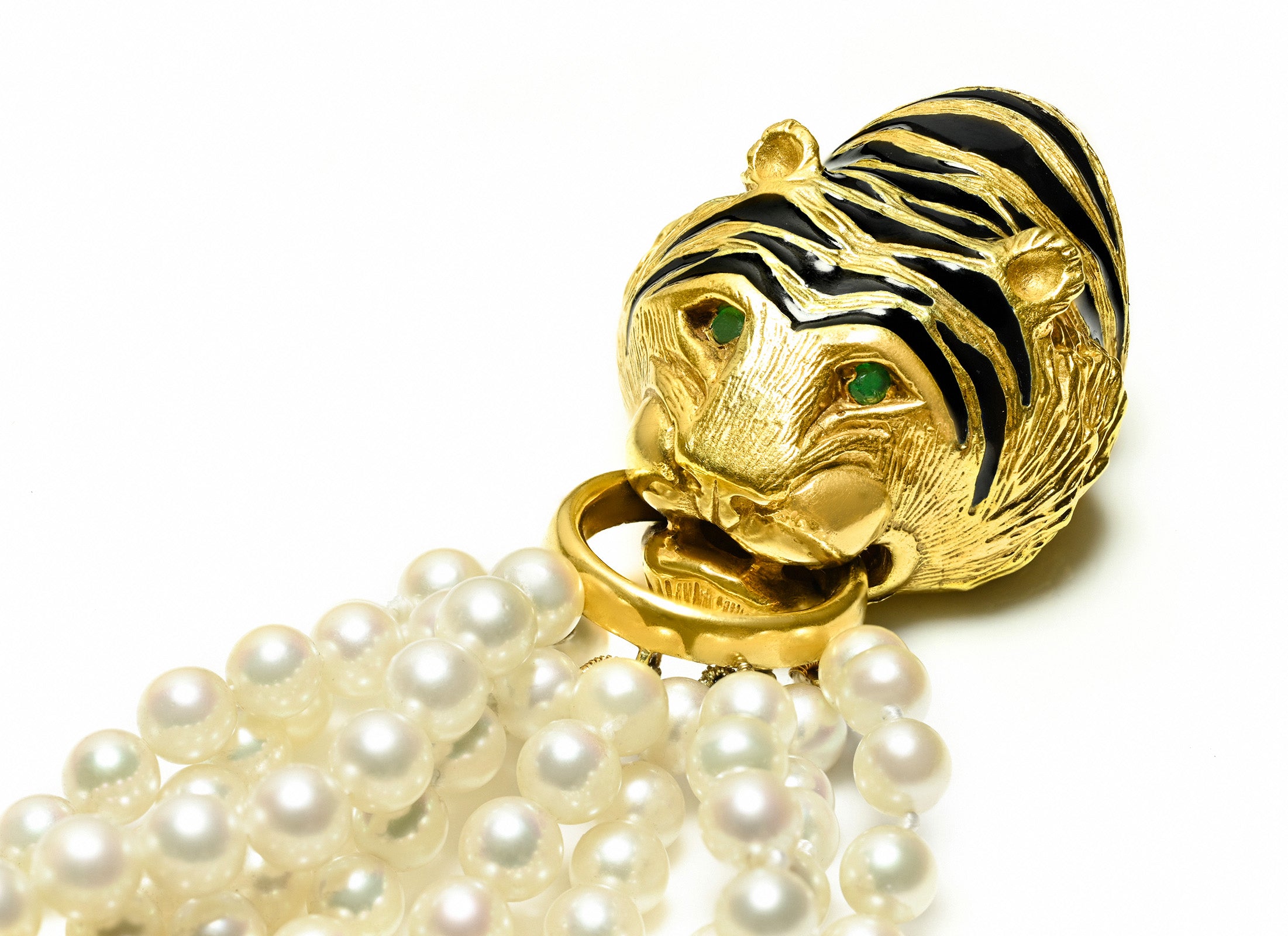 Boris Lebeau 18K Gold Enamel Tiger Bracelet Pearls Emeralds