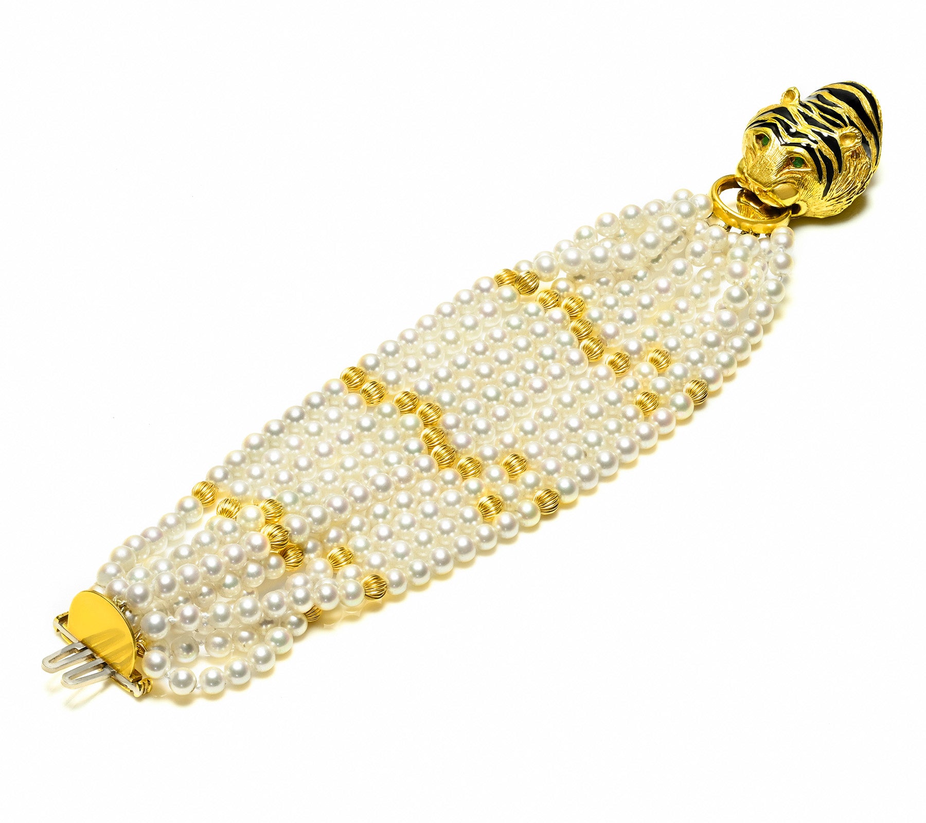 Boris Lebeau 18K Gold Enamel Tiger Bracelet Pearls Emeralds