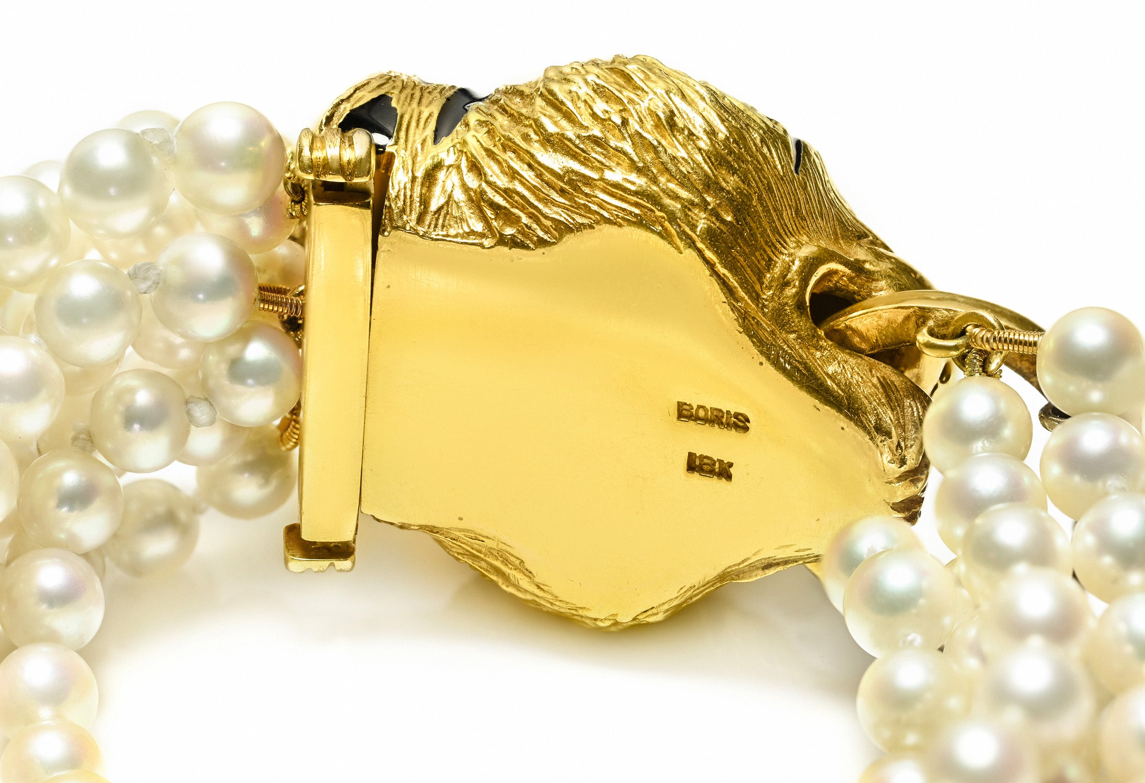 Boris Lebeau 18K Enamel Tiger Bracelet Pearls Emeralds
