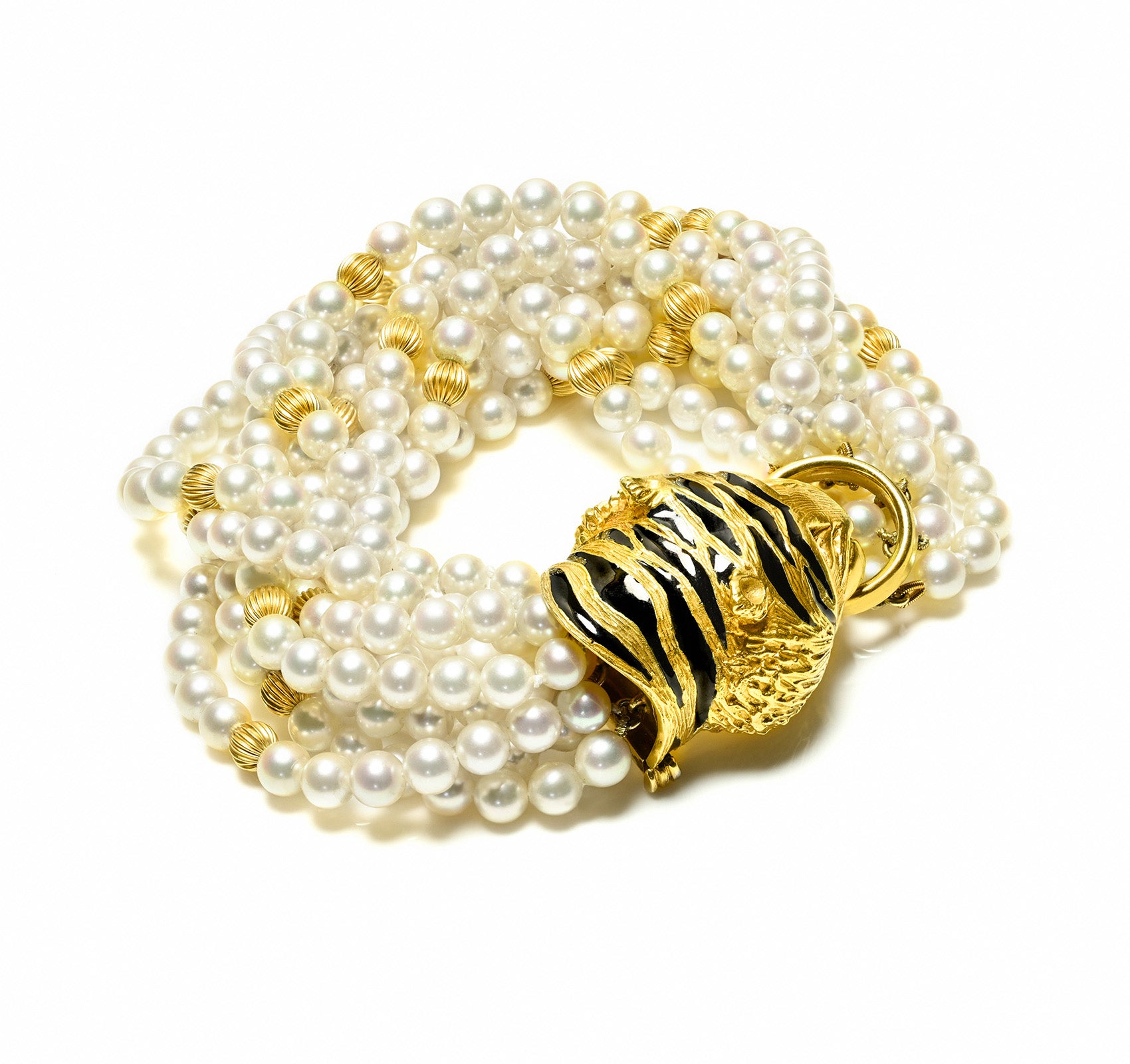 Boris Lebeau Gold Enamel Tiger Bracelet Pearls Emeralds