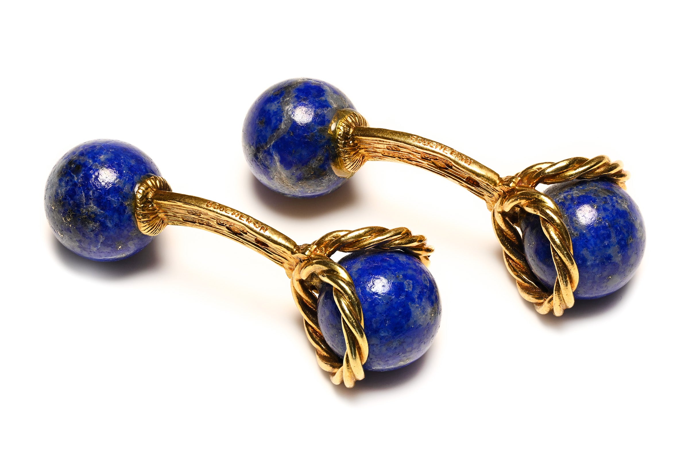 Boucheron Paris 18K gold cufflinks with polished lapis lazuli spheres and twisted gold detailing
