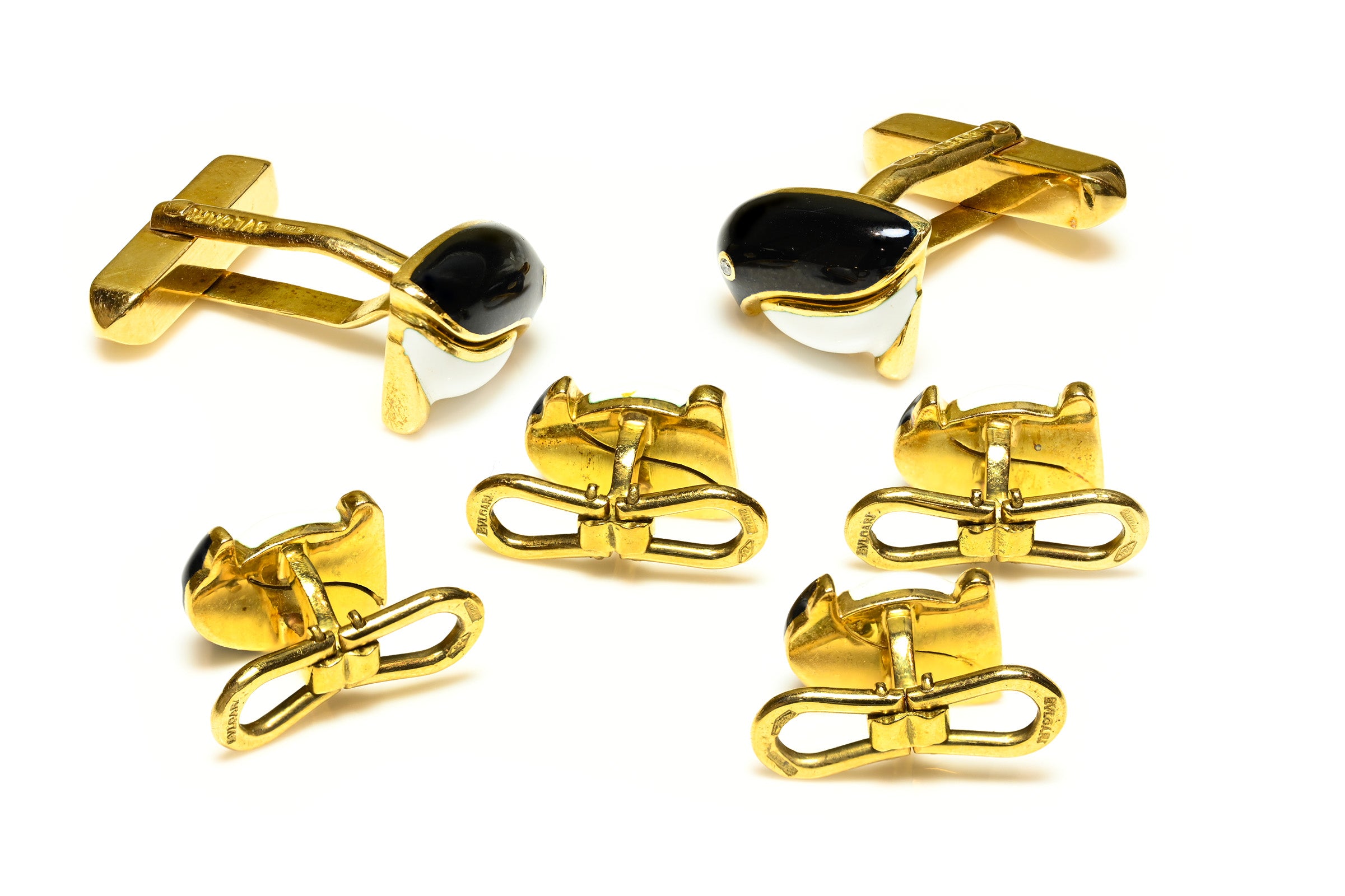Bulgari Penguin Cufflinks Four-Stud Set in 18K Gold Enamel and Diamond
