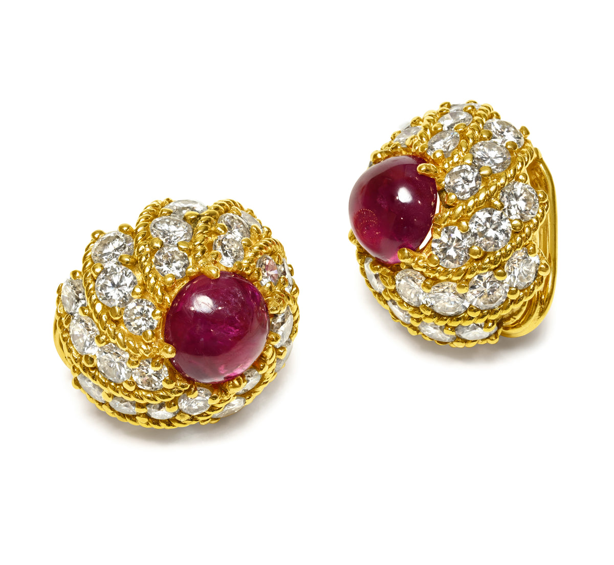 Vintage Unheated Burma Ruby and Diamond Dome Clip-On Earrings in 18K Gold