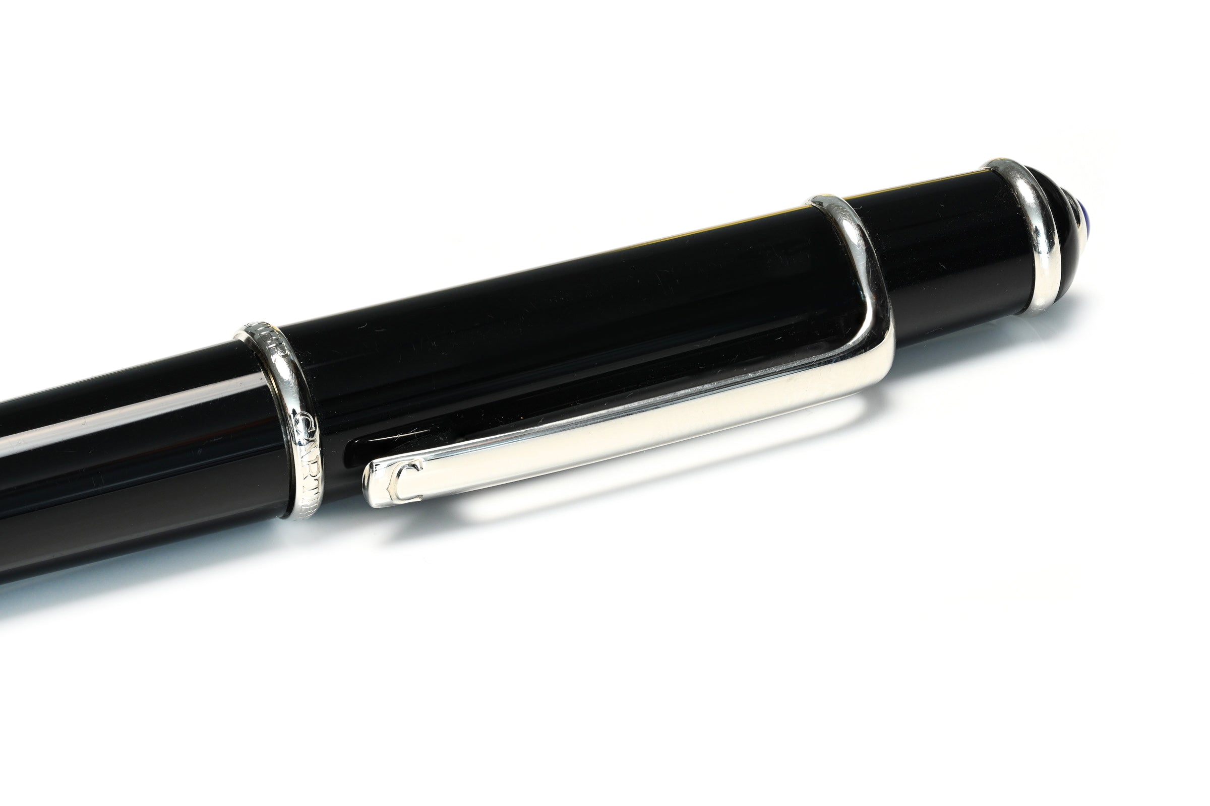 Cartier Black Lacquer Pen with Platinum Finish and Blue Cabochon