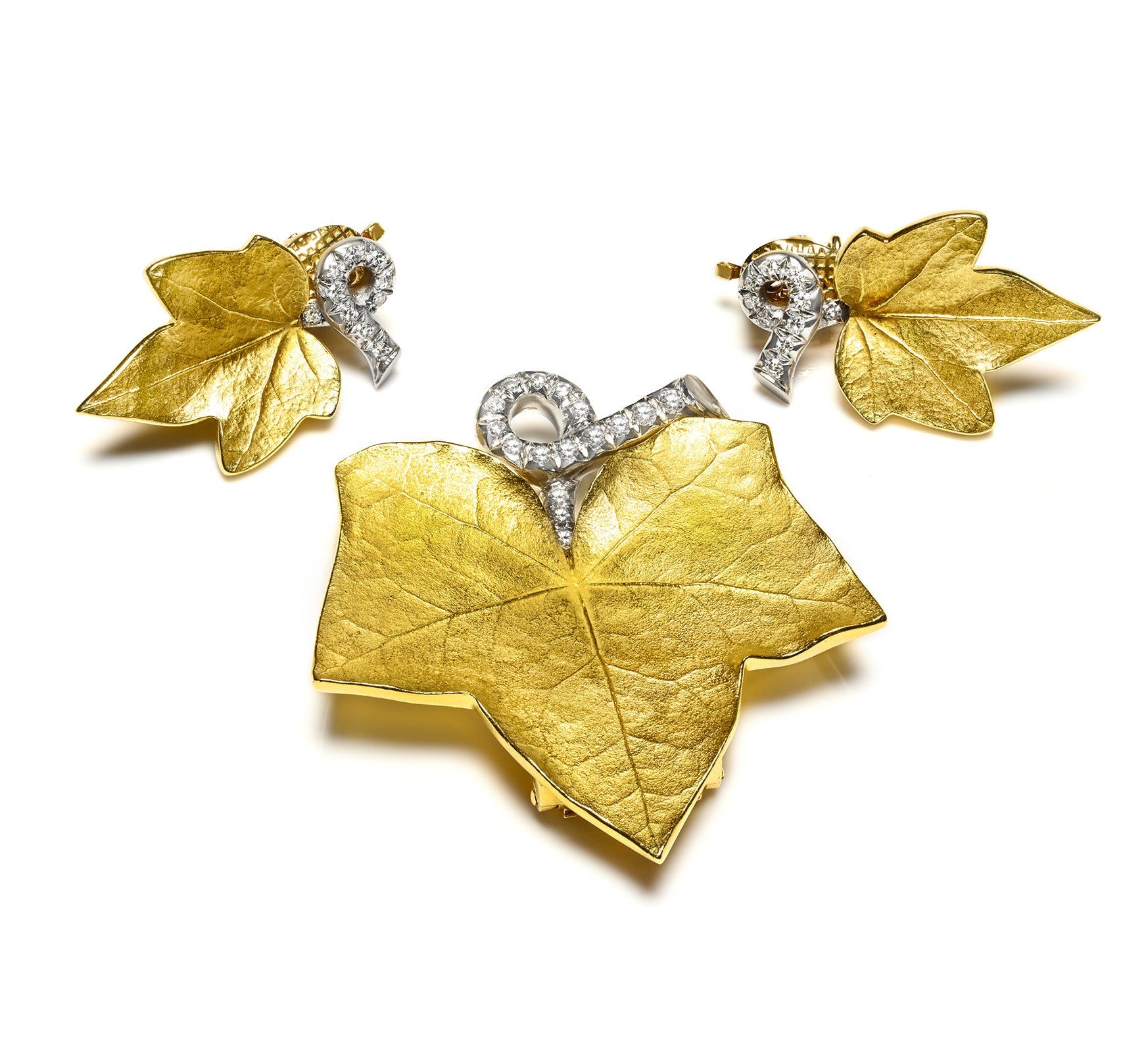 Cartier 18K Gold Diamond Leaf Brooch Earrings