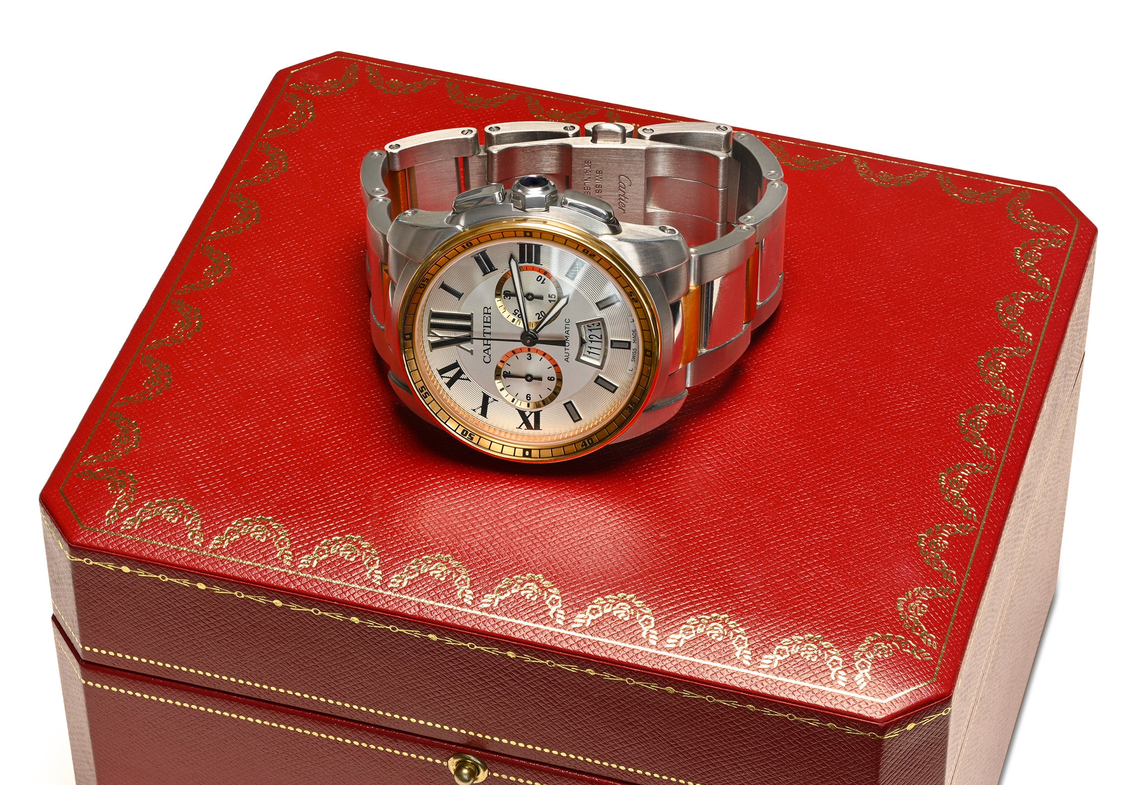 Cartier Calibre de Cartier Chronograph 18K Steel Watch and Box
