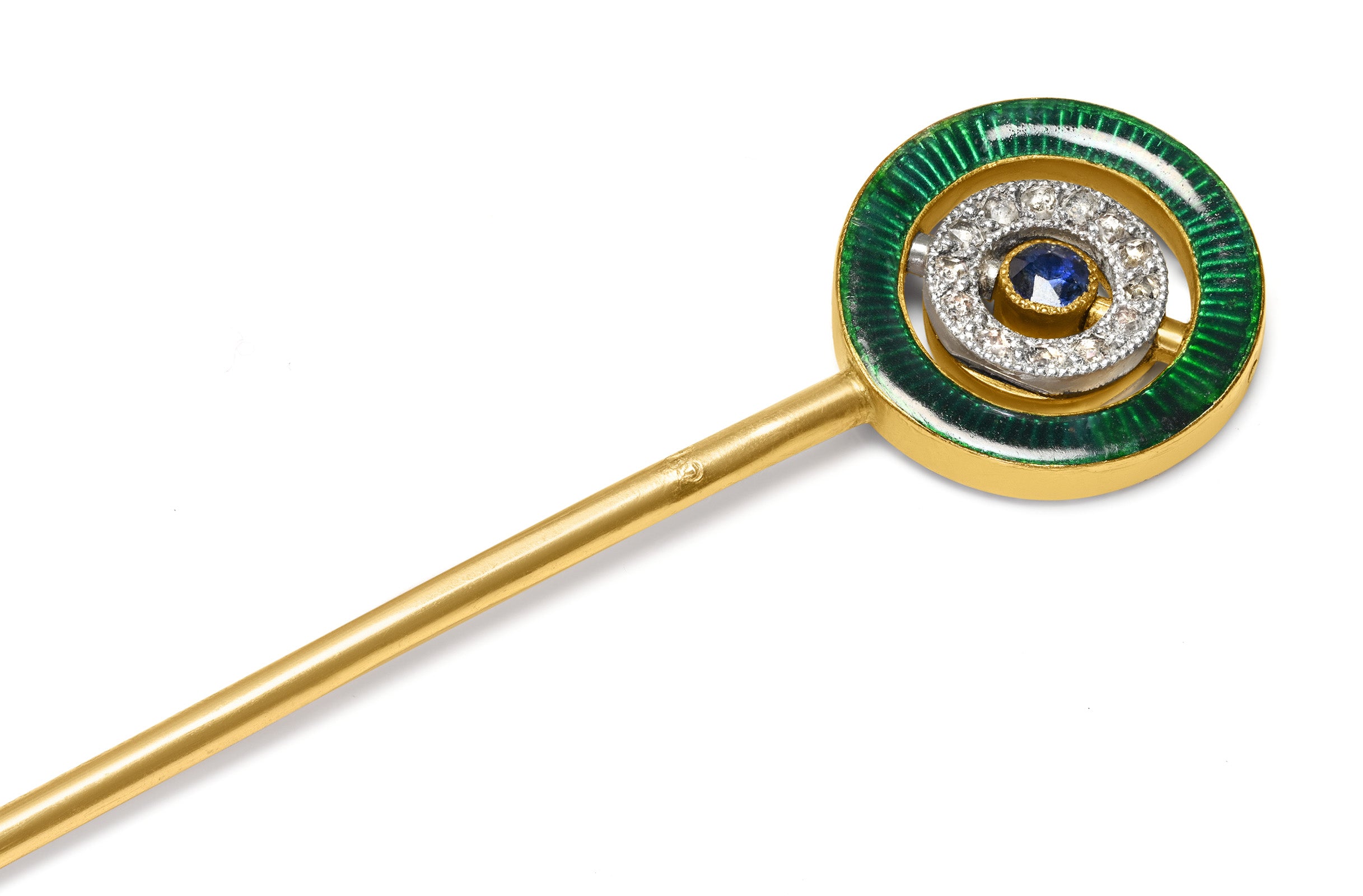 Cartier 18K Gold Green Enamel Diamond Sapphire Swivel Stick Pin