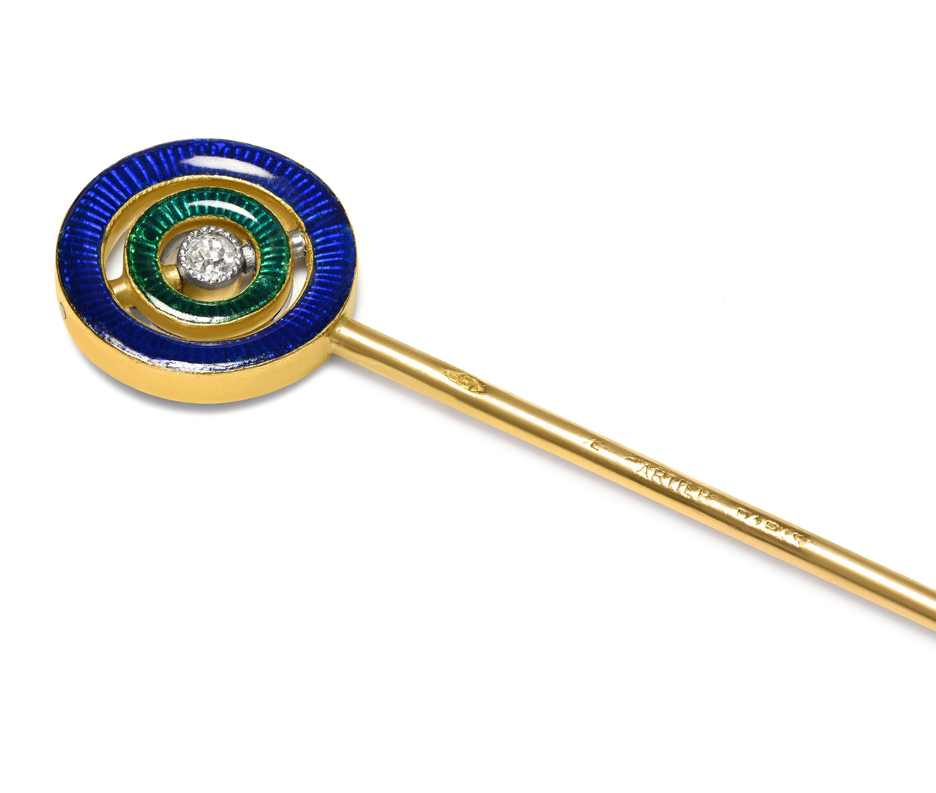 Cartier Edwardian 18K Gold Blue Enamel Diamond Sapphire Swivel Stick Pin
