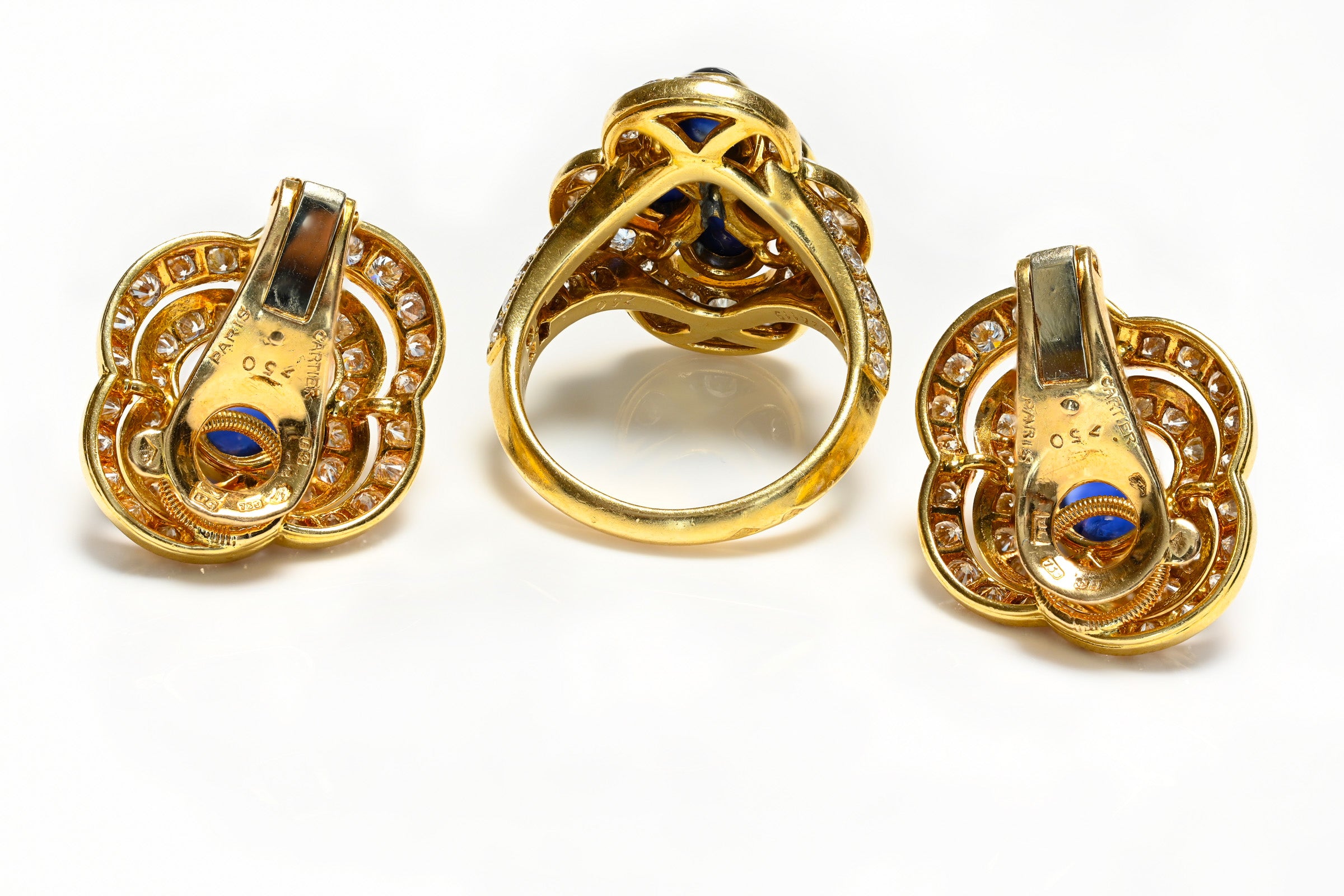 Cartier Paris 18K Gold Diamond Sapphire Ring Earrings Suite vtg