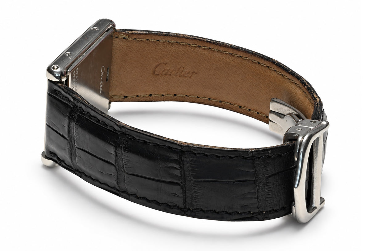 Cartier Tank Basculante 2405 Stainless Steel Watch Leather Band