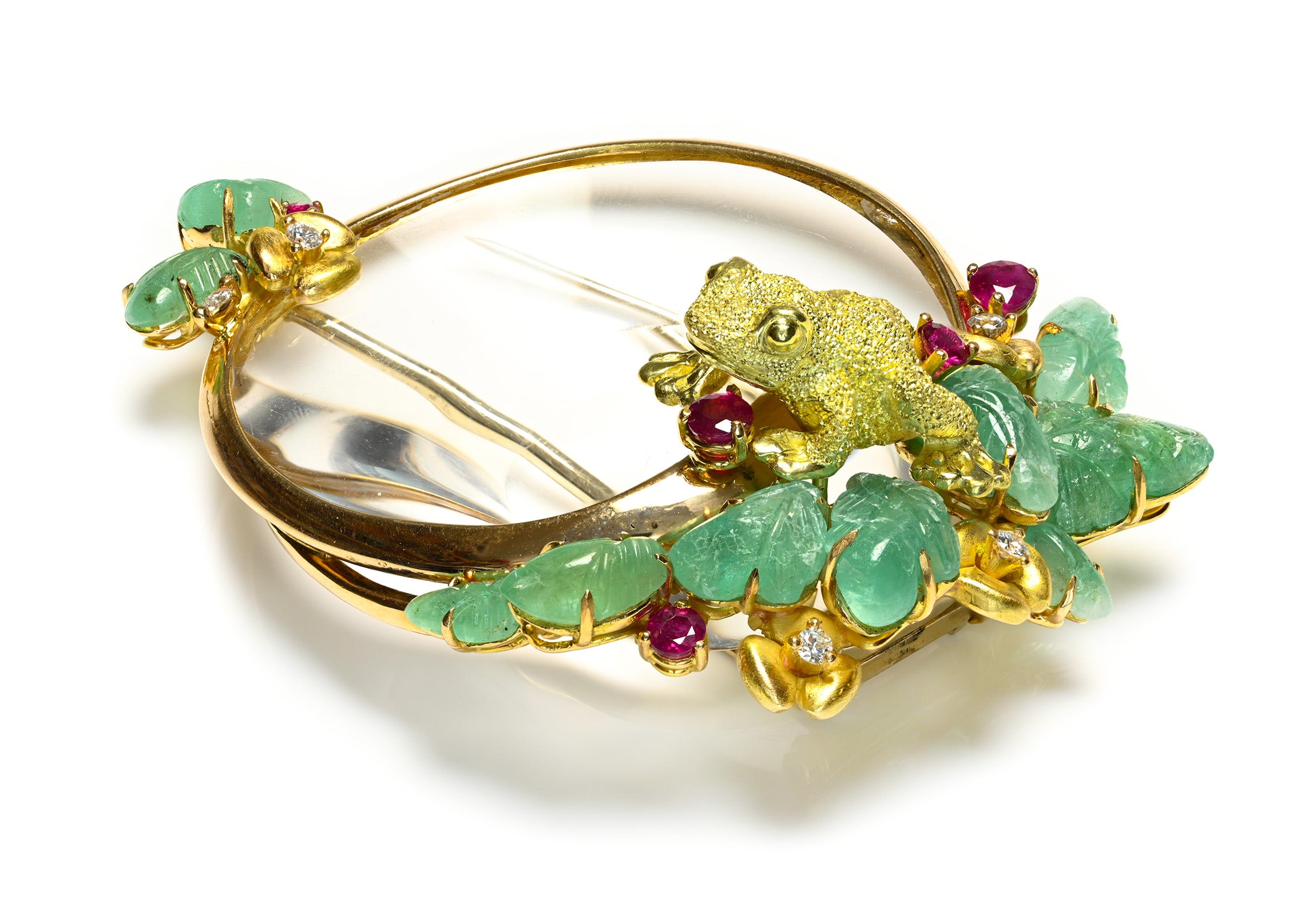 Carved Emerald, Ruby & Diamond 18K Gold Frog Magnifying Glass Brooch
