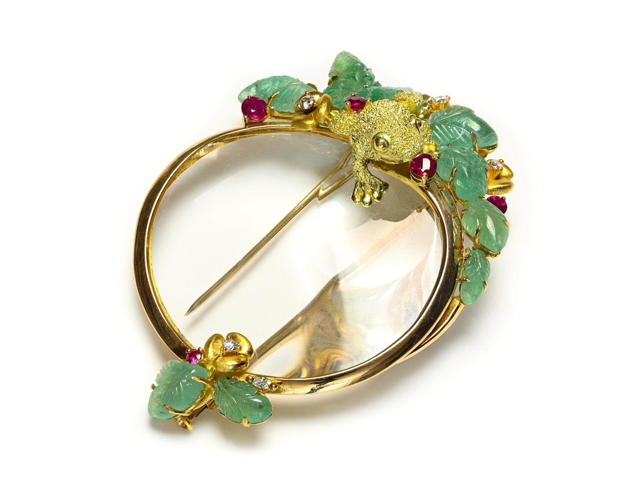 Carved Emerald Ruby Diamond 18K Gold Frog Magnifying Glass Brooch