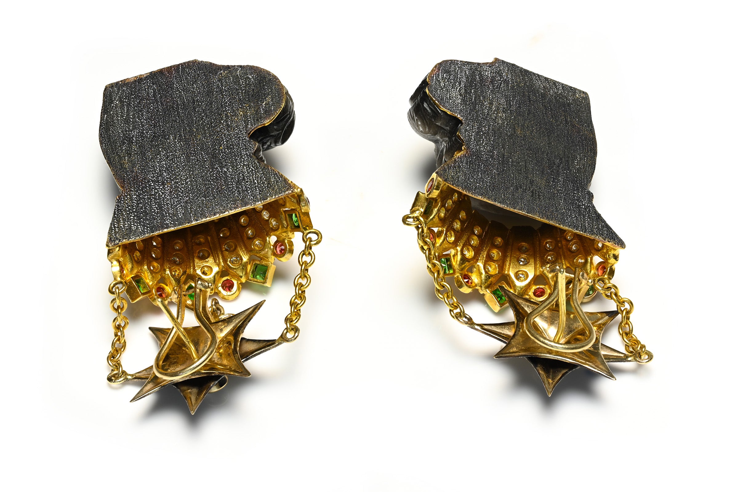 Carved Hematite Ape Earrings 18K Gold Diamonds, Rubies and Emeralds