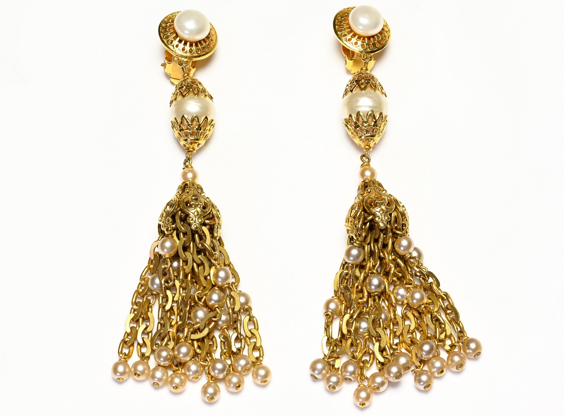 Chanel Goossens Pearl Chain Tassel Shoulder Duster Earrings