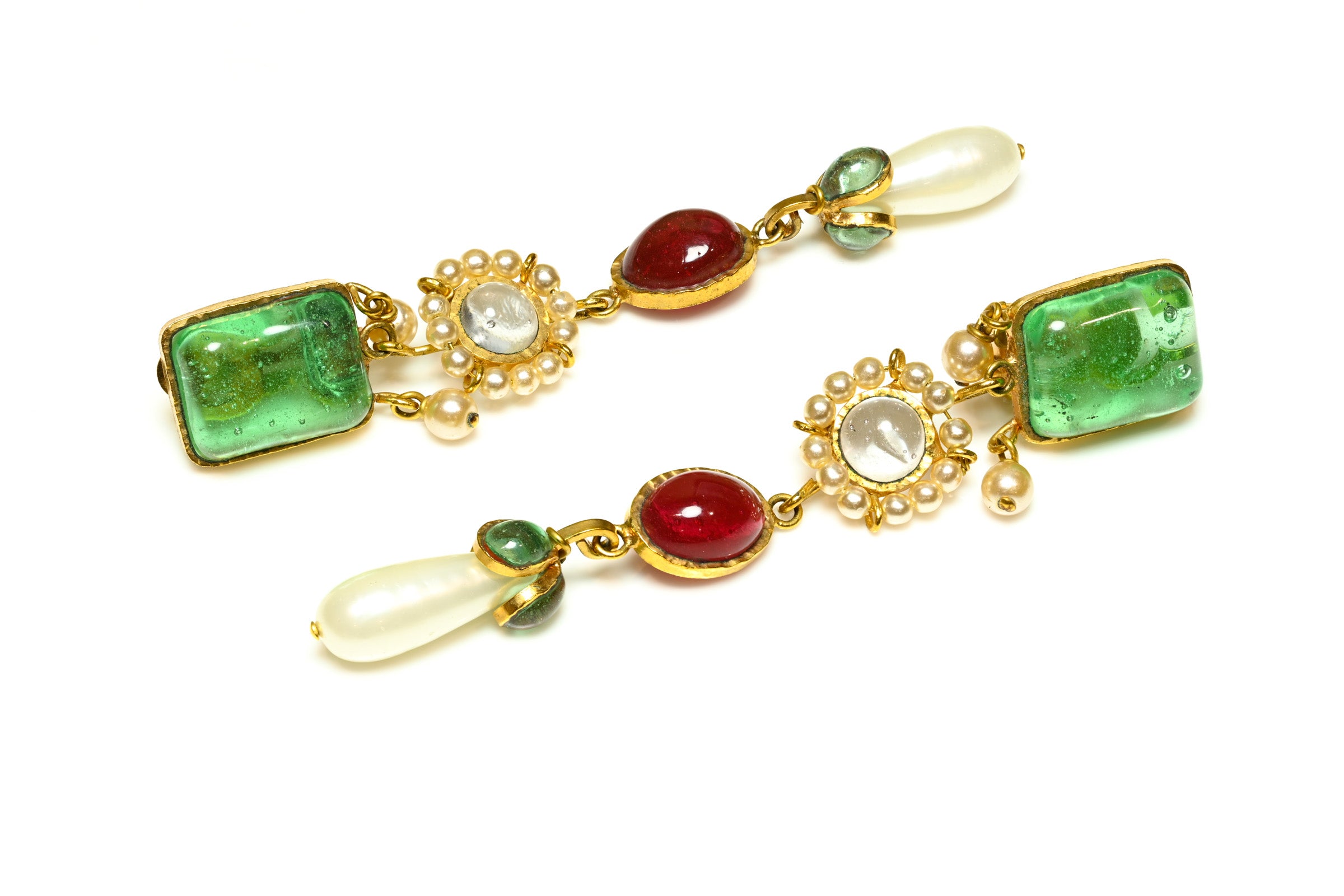 Chanel Paris Spring 1995 Barbie Gripoix Green Red Glass Pearl Earrings