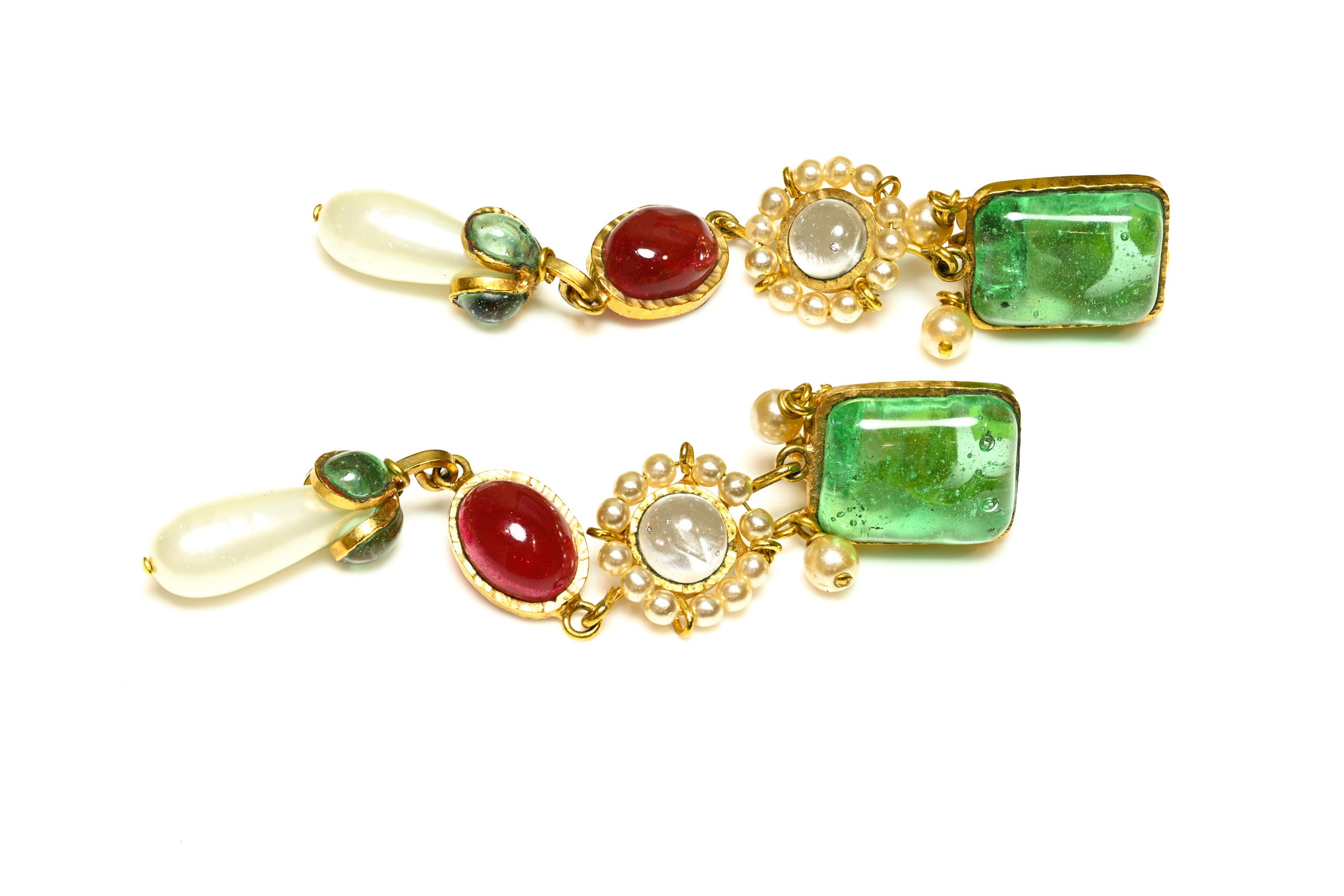 Chanel Paris Spring 1995 Barbie Gripoix Green Red Glass Pearl Earrings 1